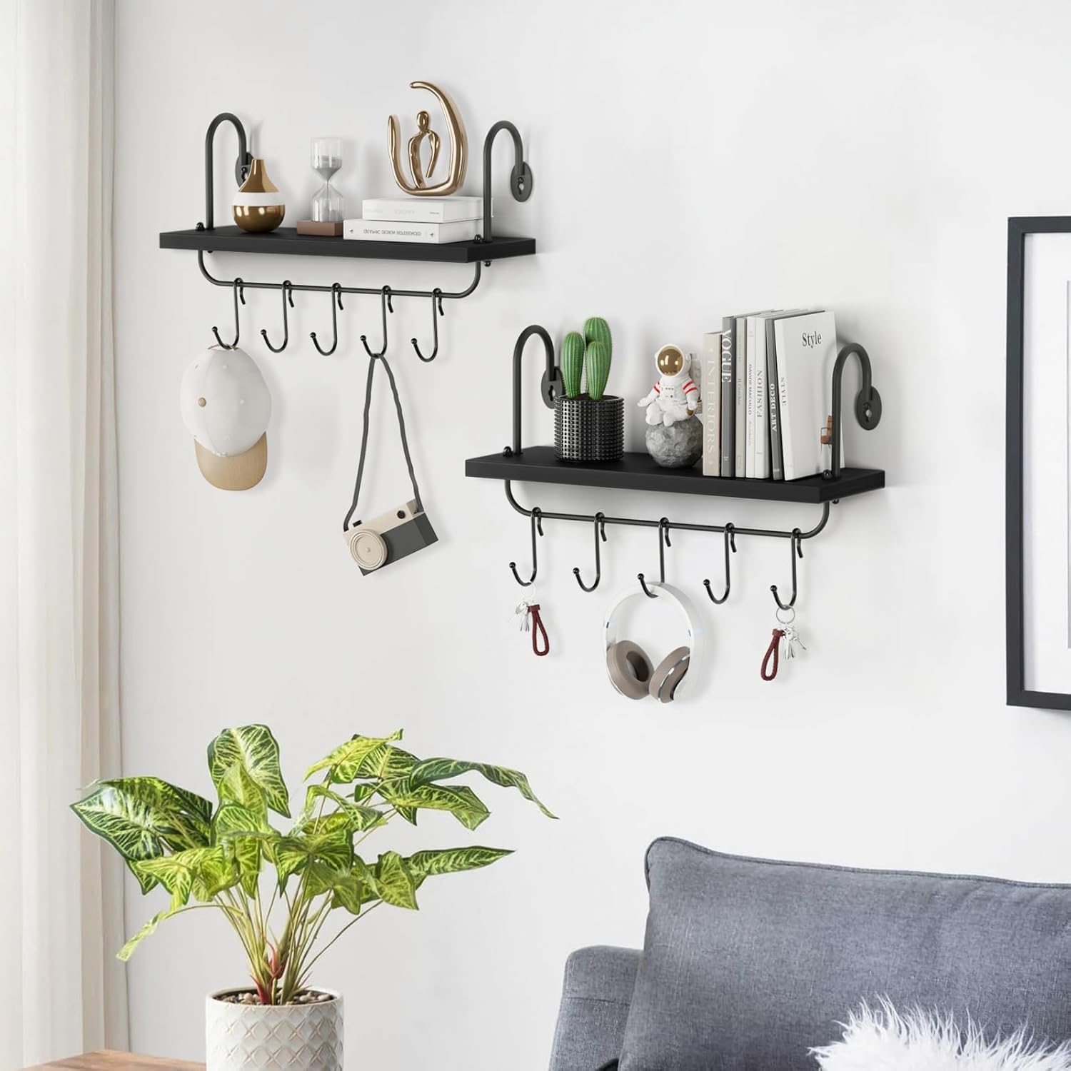 Olakee Floating Wall Shelves Set of 2 with 10 Adjustable Hooks Black