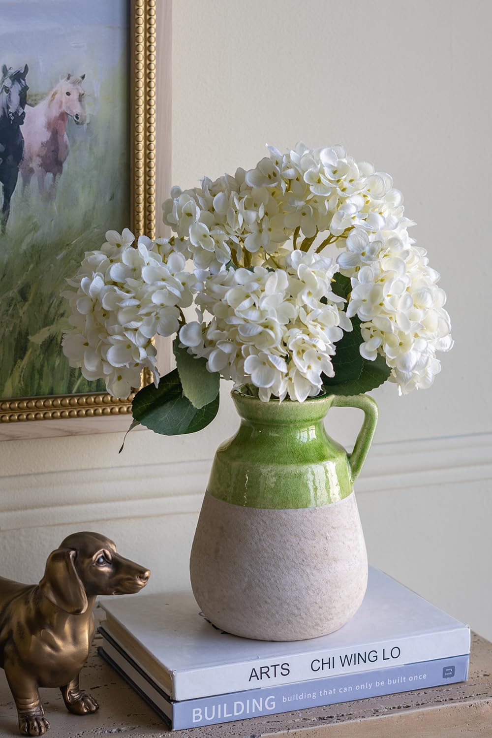 8 Tall Decorative Ceramic Jug Vase with Glossy Green and Natural Tan Finish