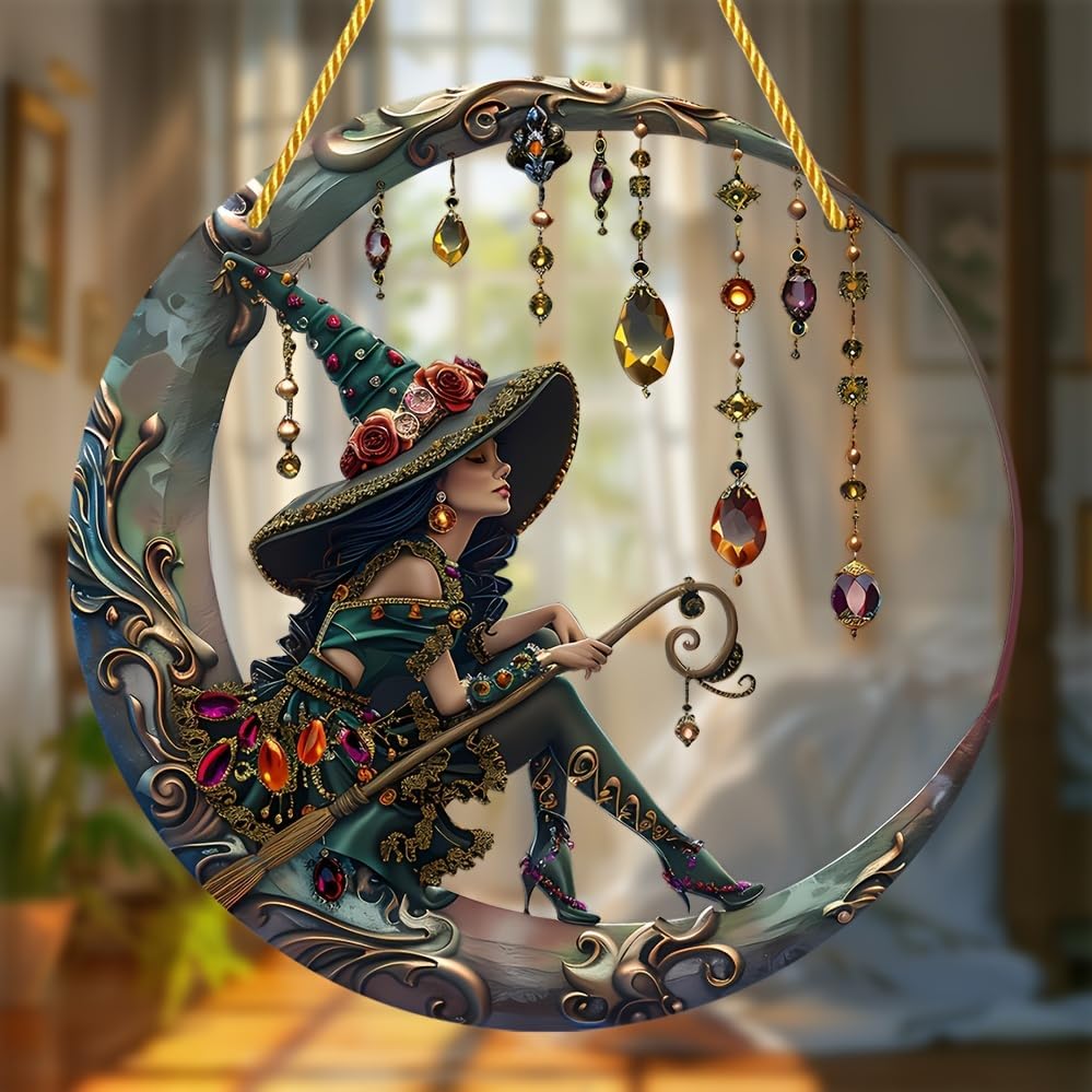 8x8 Inch 2D Flat Moonlit Witch Acrylic Ornament with Hanging Rope