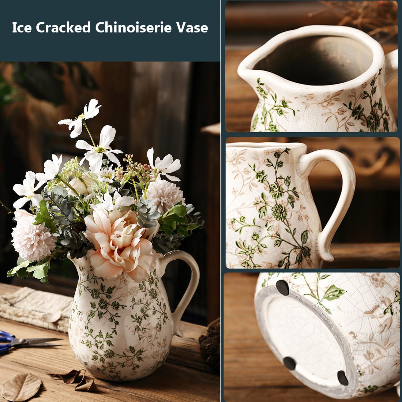 Chinoiserie Green Vintage Ceramic Flower Vase