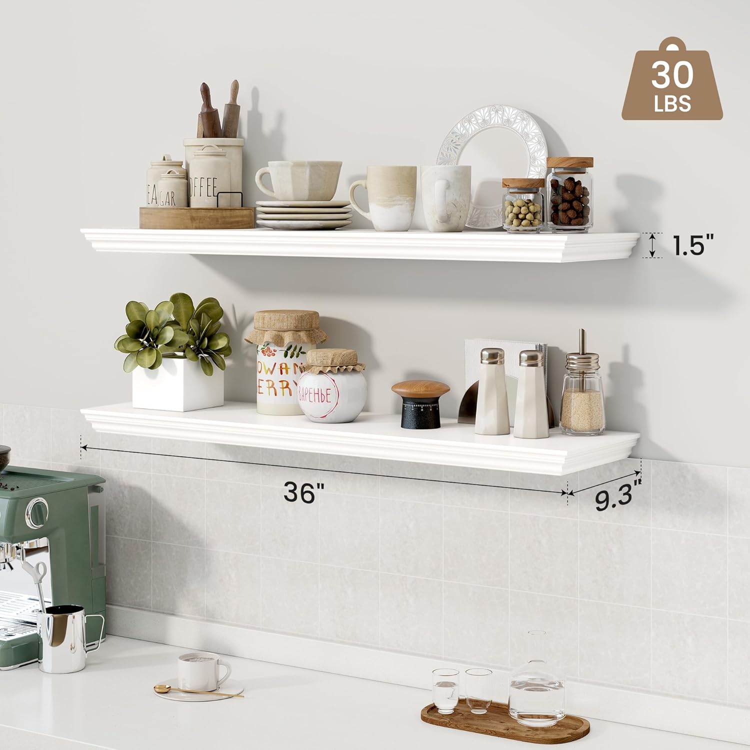 Axeman 36 Inch Floating Shelves with Crown Molding White Set of 2