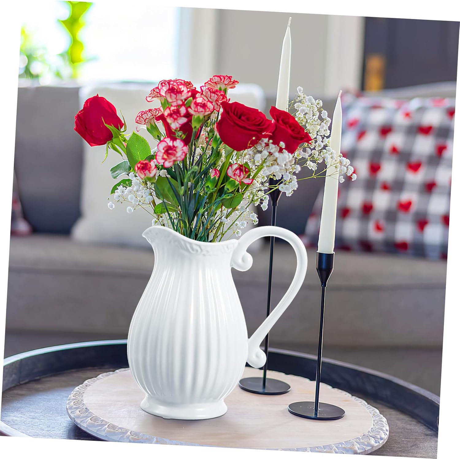 Operitacx Ceramic Pitcher Vase Striped Dried Flower Pot for Home Office and Living Room Decor