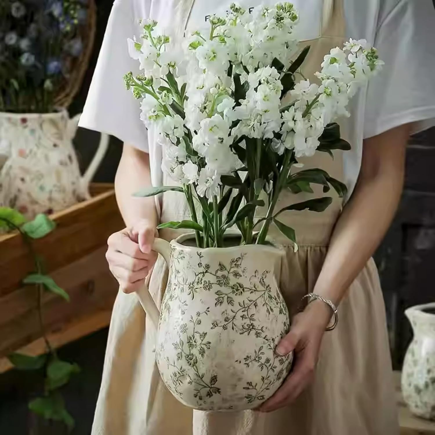 Farmhouse Ceramic Vase with Handle for Home Decor