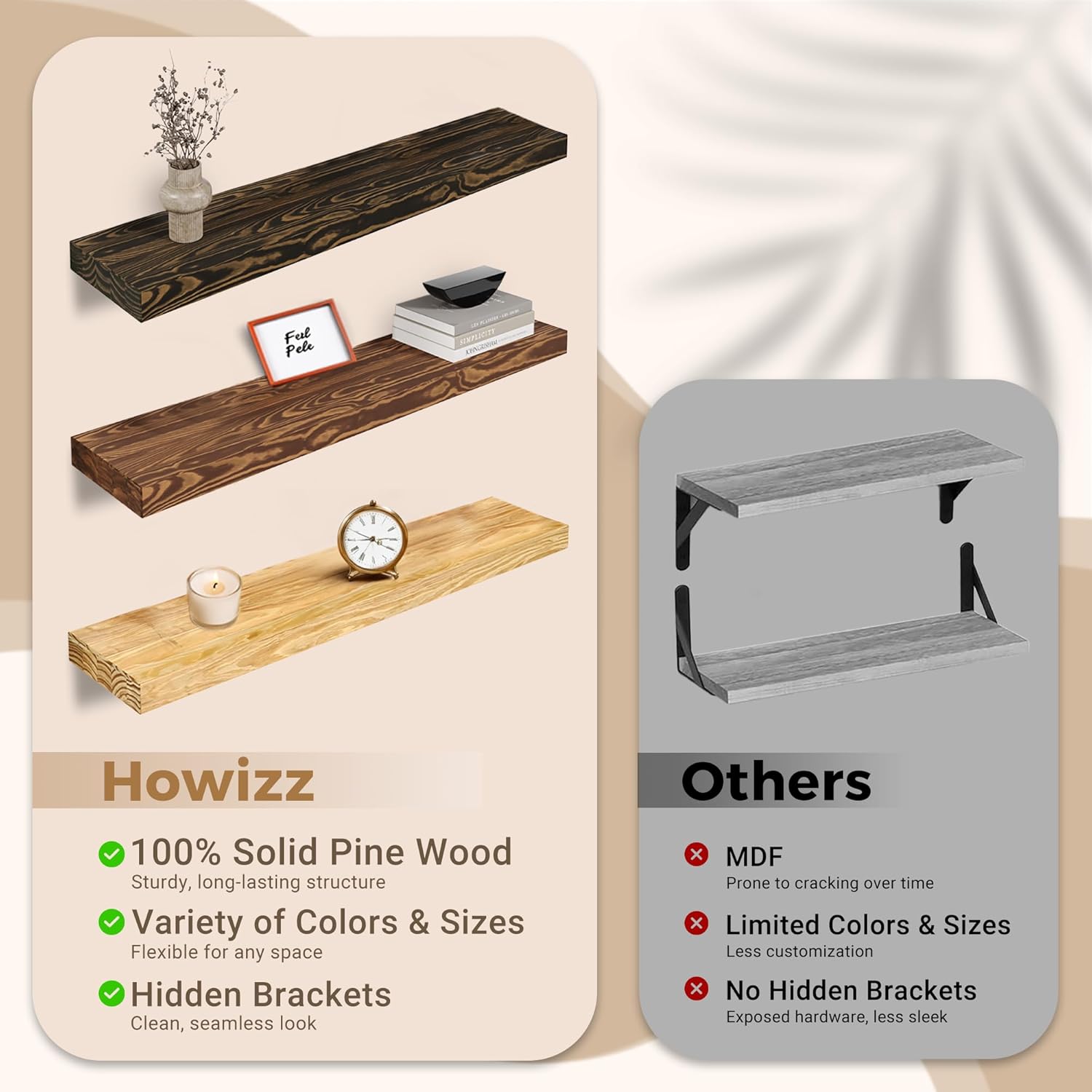 Howizz 60 Inch Pine Wood Floating Shelf for Wall
