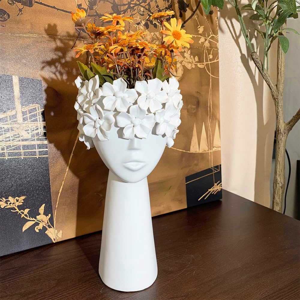 Funsoba Ceramic Sculpture Female Head Flower Vase Decor