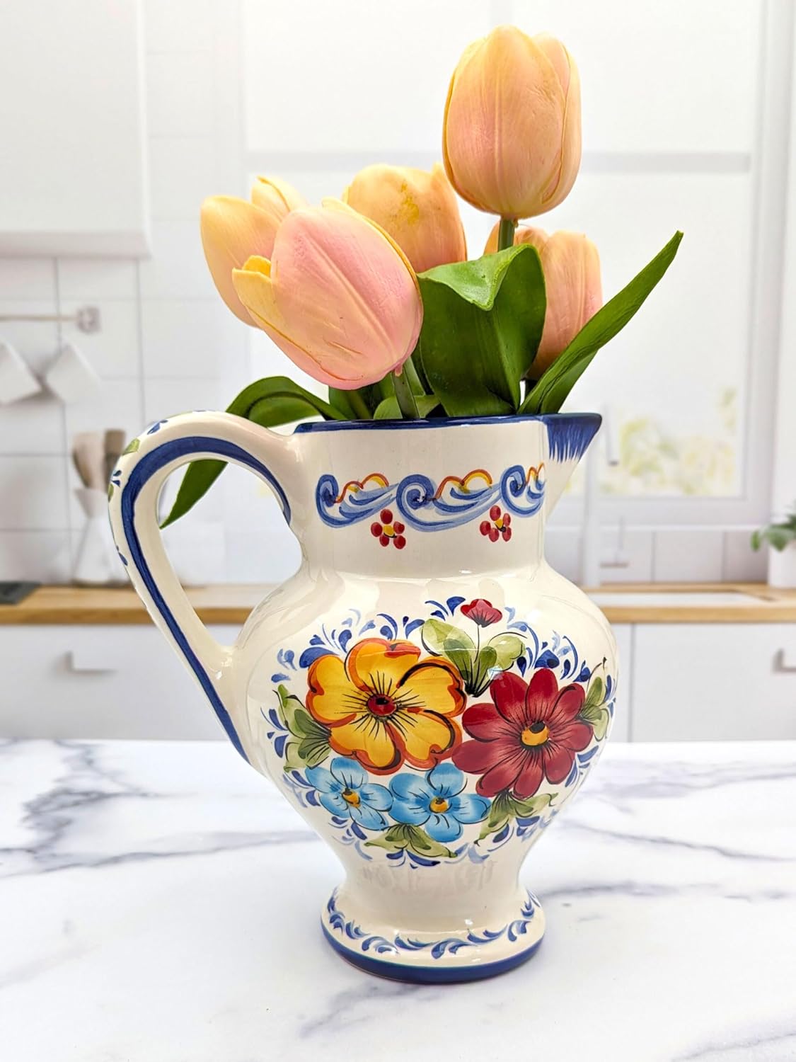 Hand Painted Portuguese Ceramic Flower Pitcher Vase 8x55x8