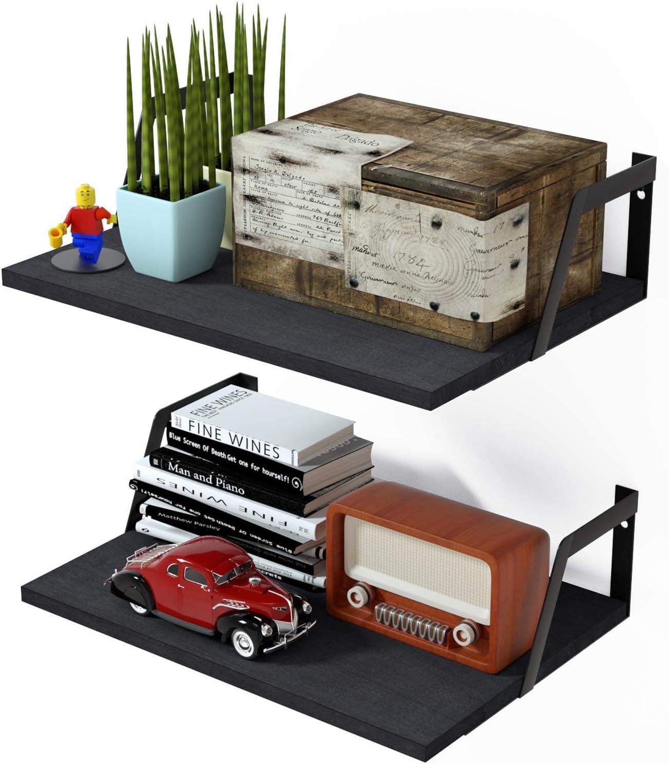 SRIWATANA Floating Shelves Wall Mounted Set of 2 Rustic Wood Shelves with Large Capacity Black