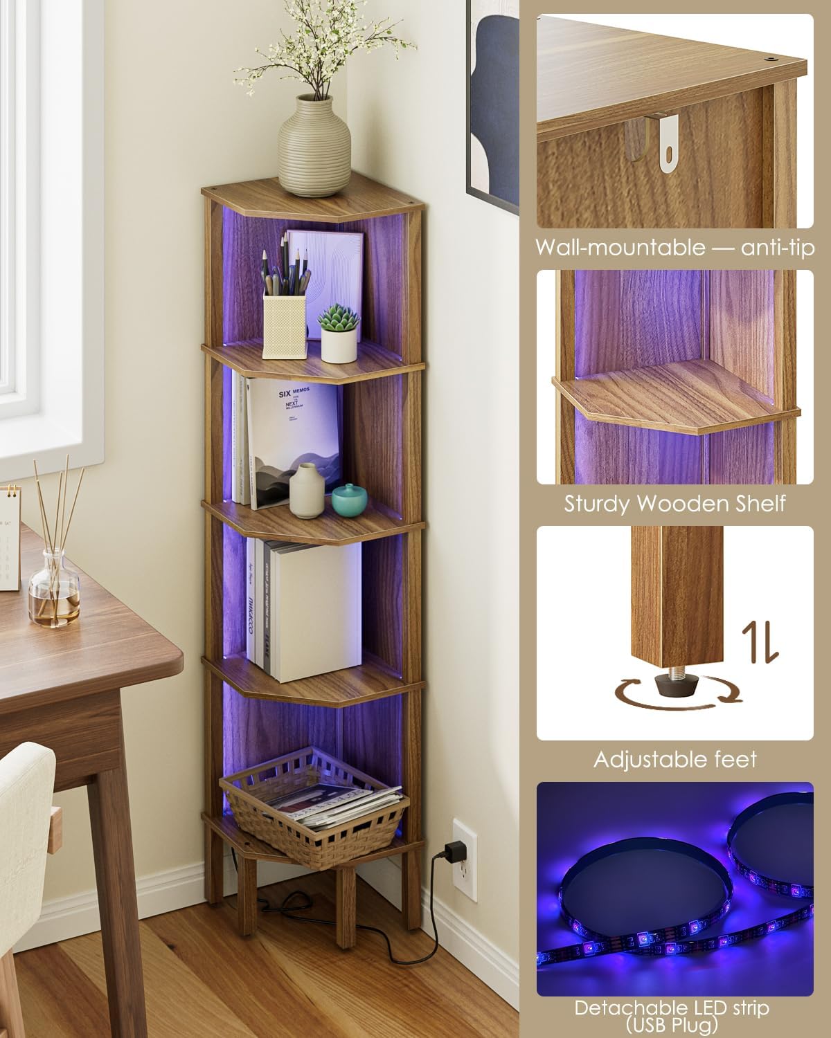 Apetaccat 5 Tier Corner Bookshelf in Walnut