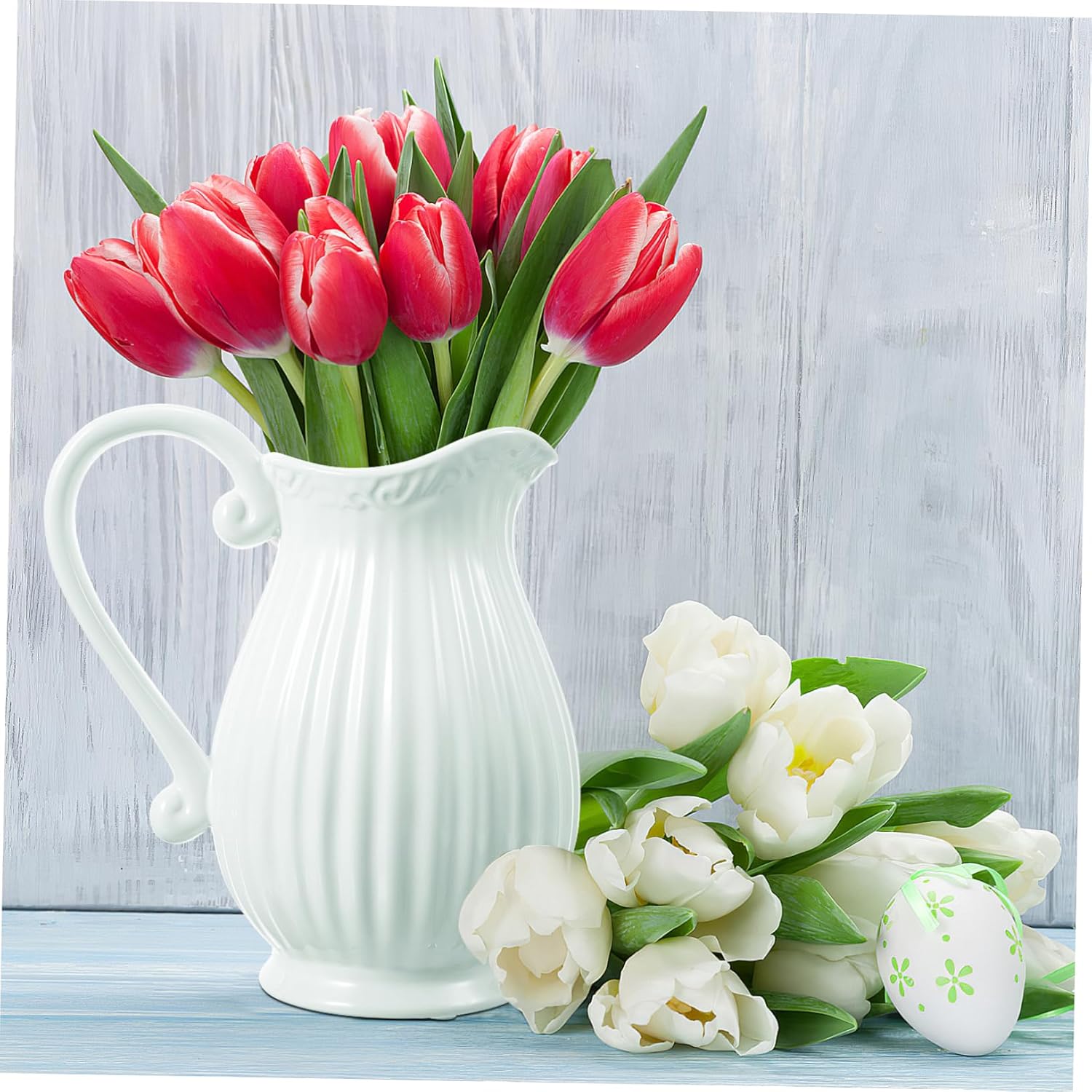 GANAZONO Simple White Striped Ceramic Flower Vase for Balconies