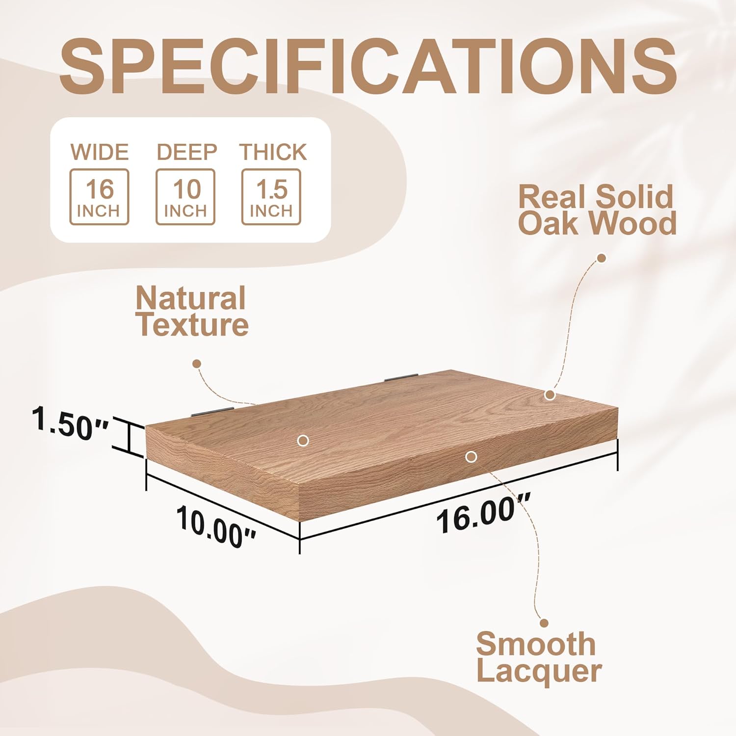 Solid Oak Floating Shelves 16x10 Inch Heavy Duty