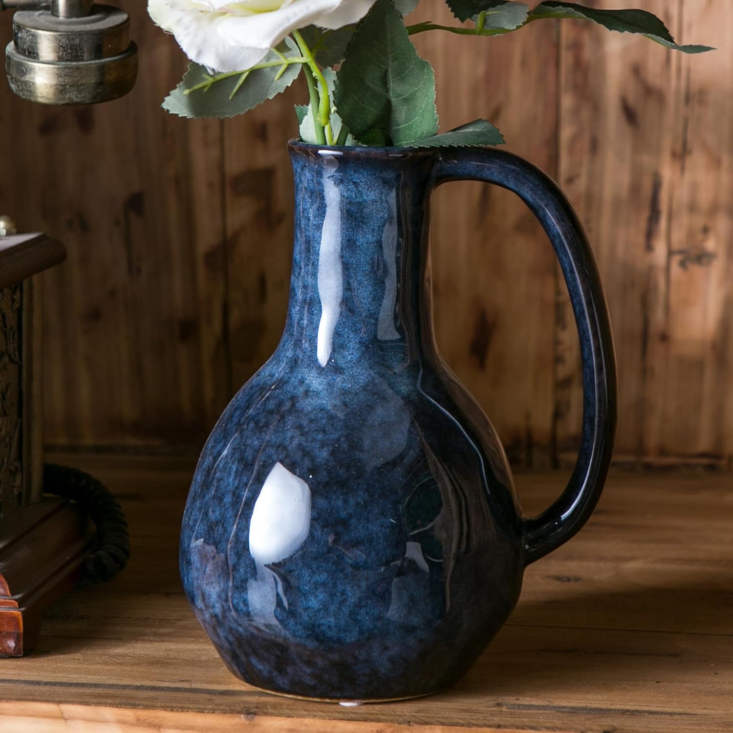 Blue Ceramic Vase with Big Handles Modern Farmhouse Decor