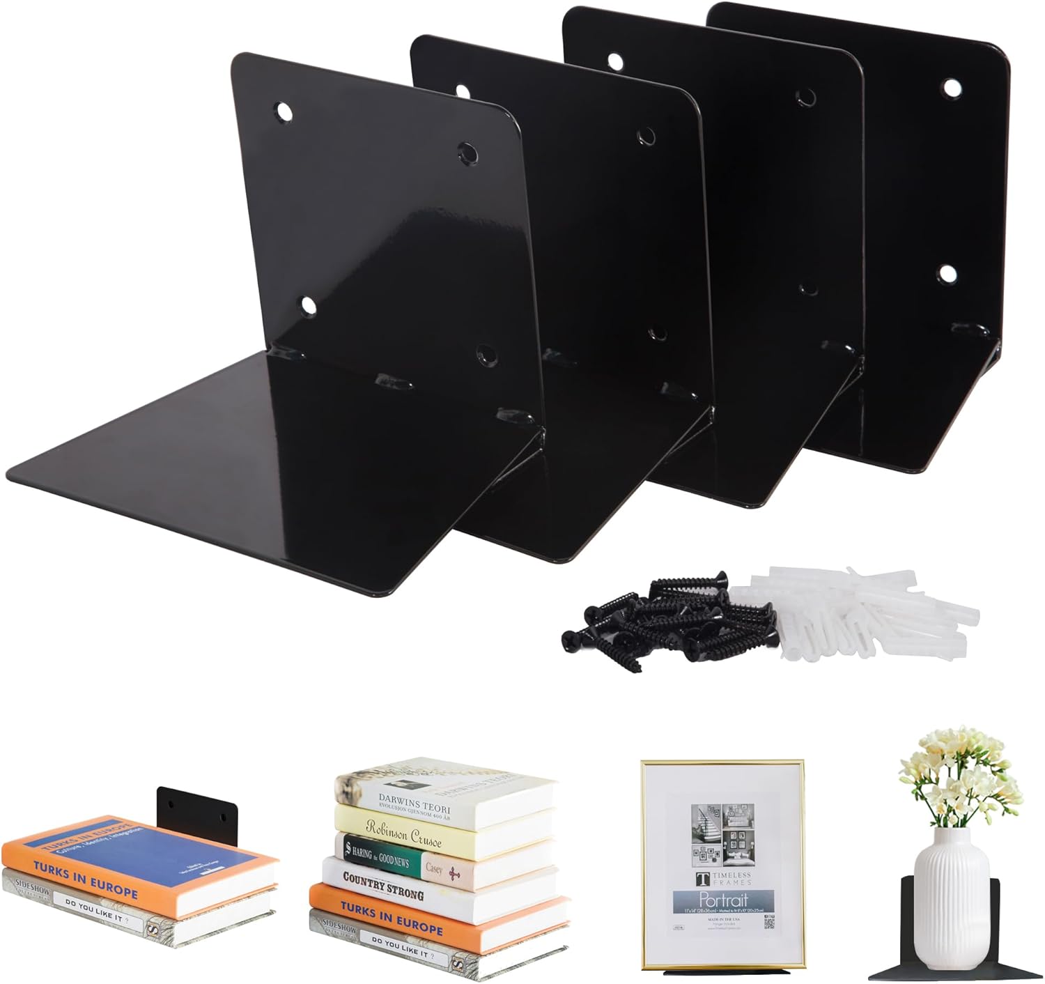 STORAGE MANIAC Floating Book Shelves 4-Pack Black Large