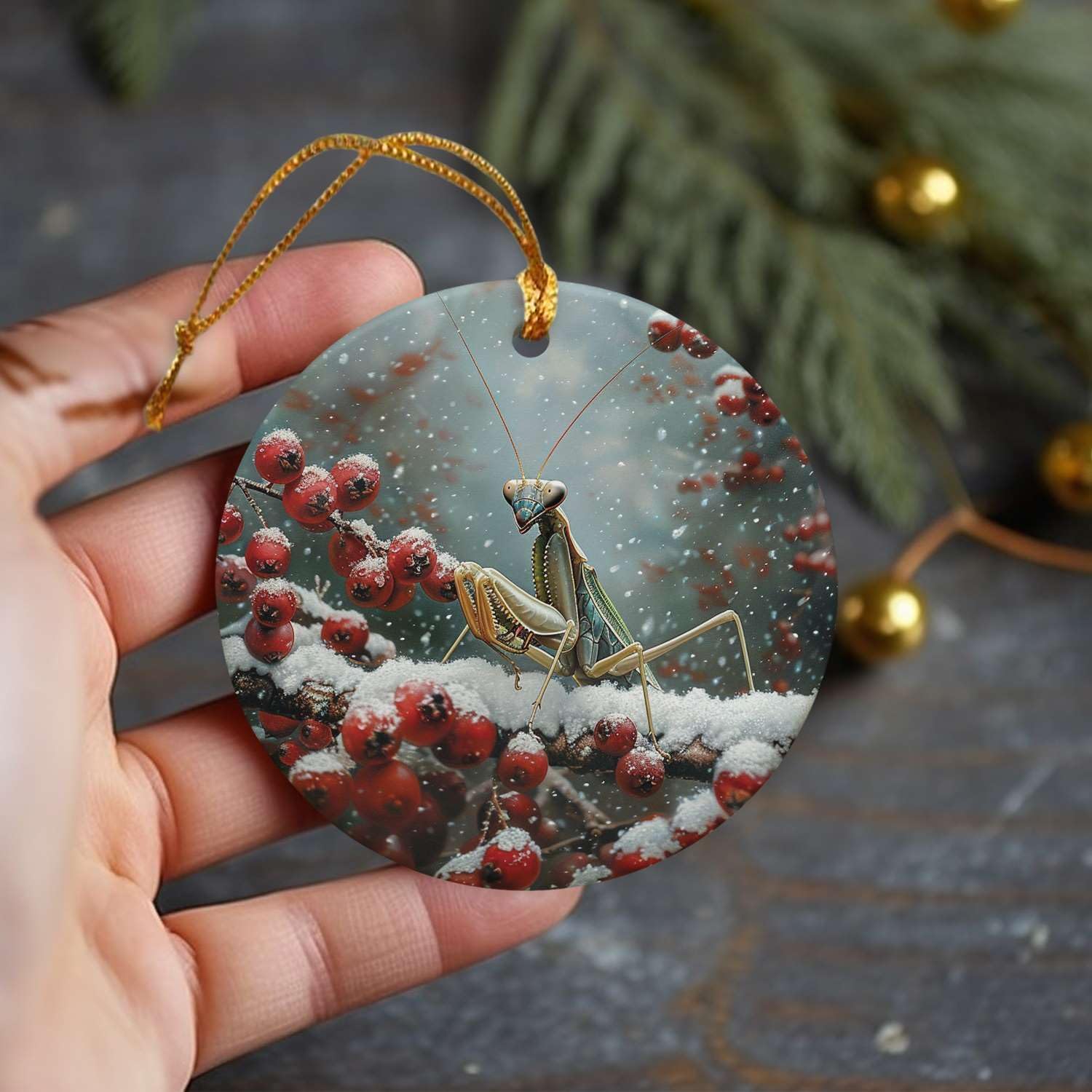 Snowy Berry Praying Mantis 3 Ceramic Ornament for Home Decor