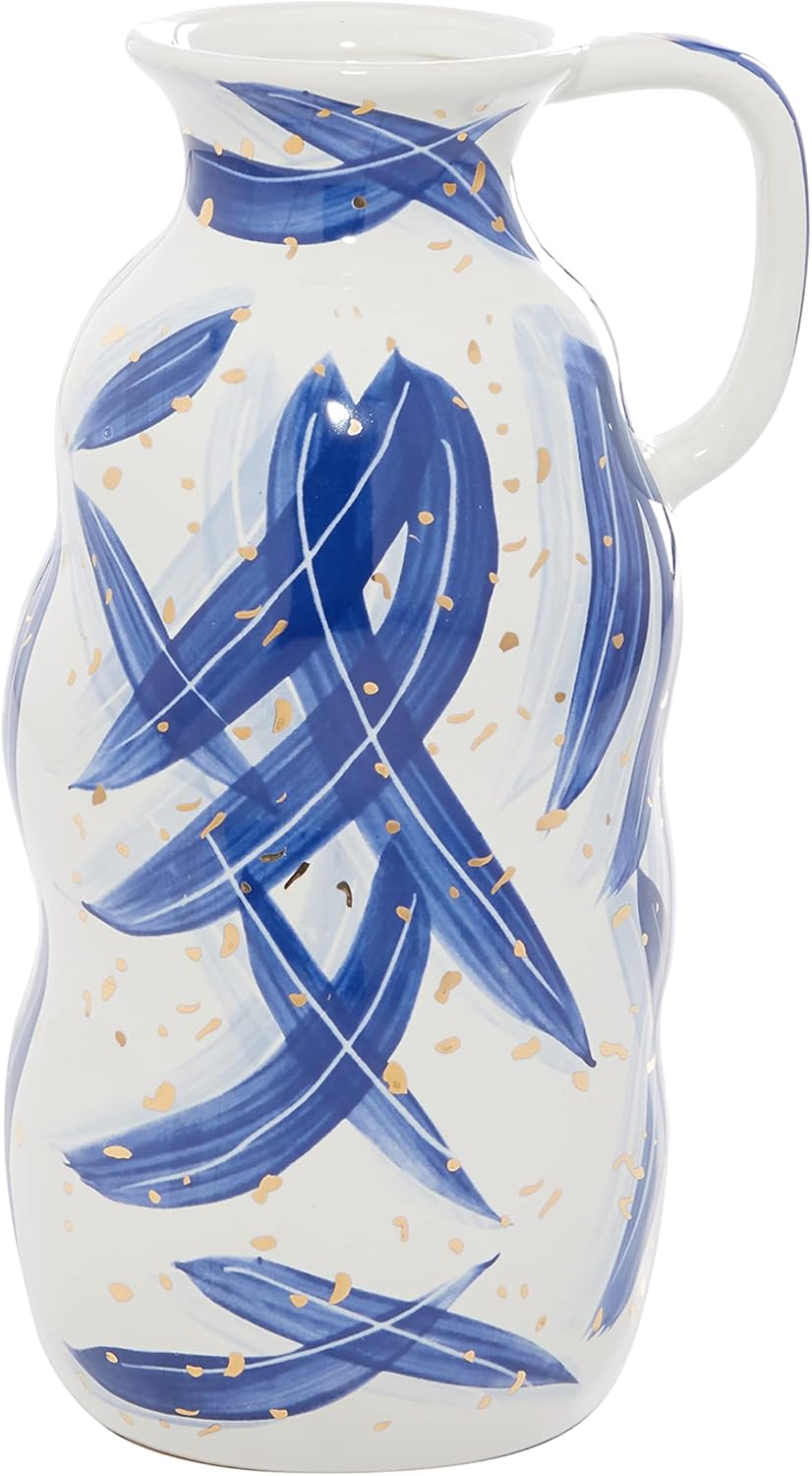 Deco 79 Ceramic Vase with Blue Leaf Design