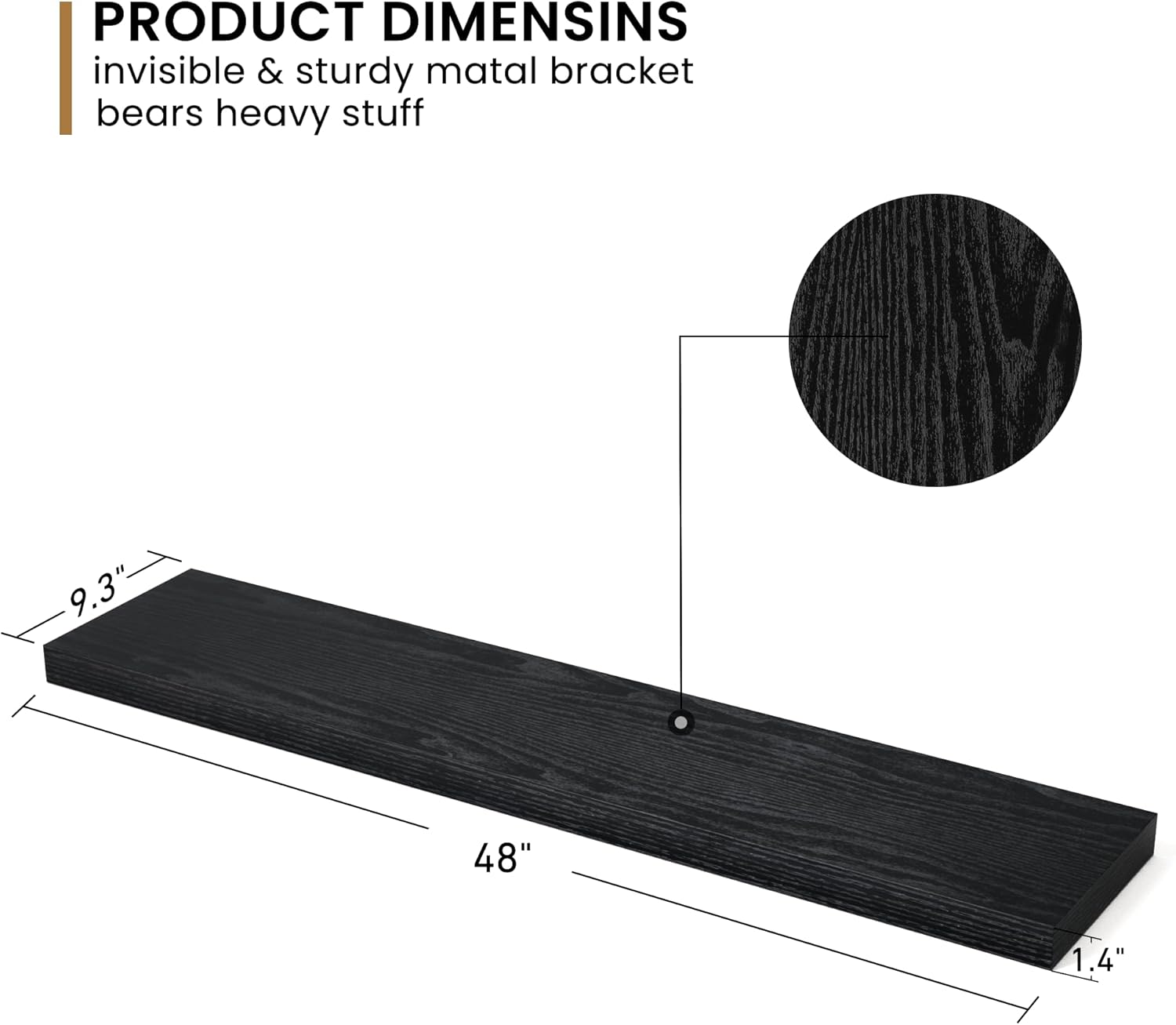 Fun Memories Floating Shelves - 48 W x 9 D x 16 H Rustic Black Wall Mounted Display Shelf