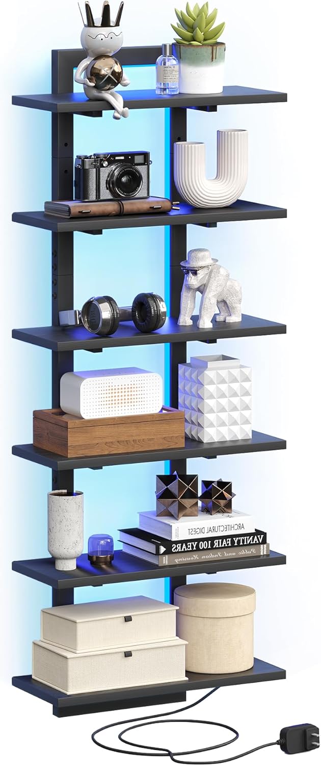 6 Tier Wall Shelf with LED Light Black Floating Shelf Unit for Home Decor and Storage
