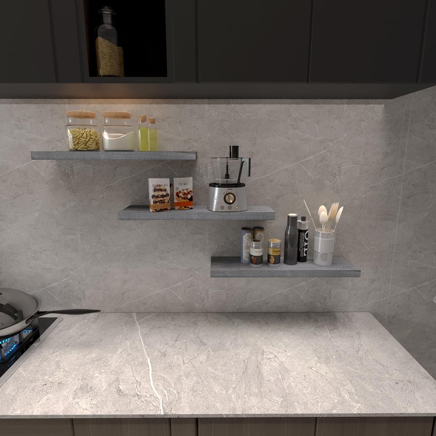 Rustic Grey Floating Shelves 24 Inch Set of 3 Solid Wood Wall Mounted Storage