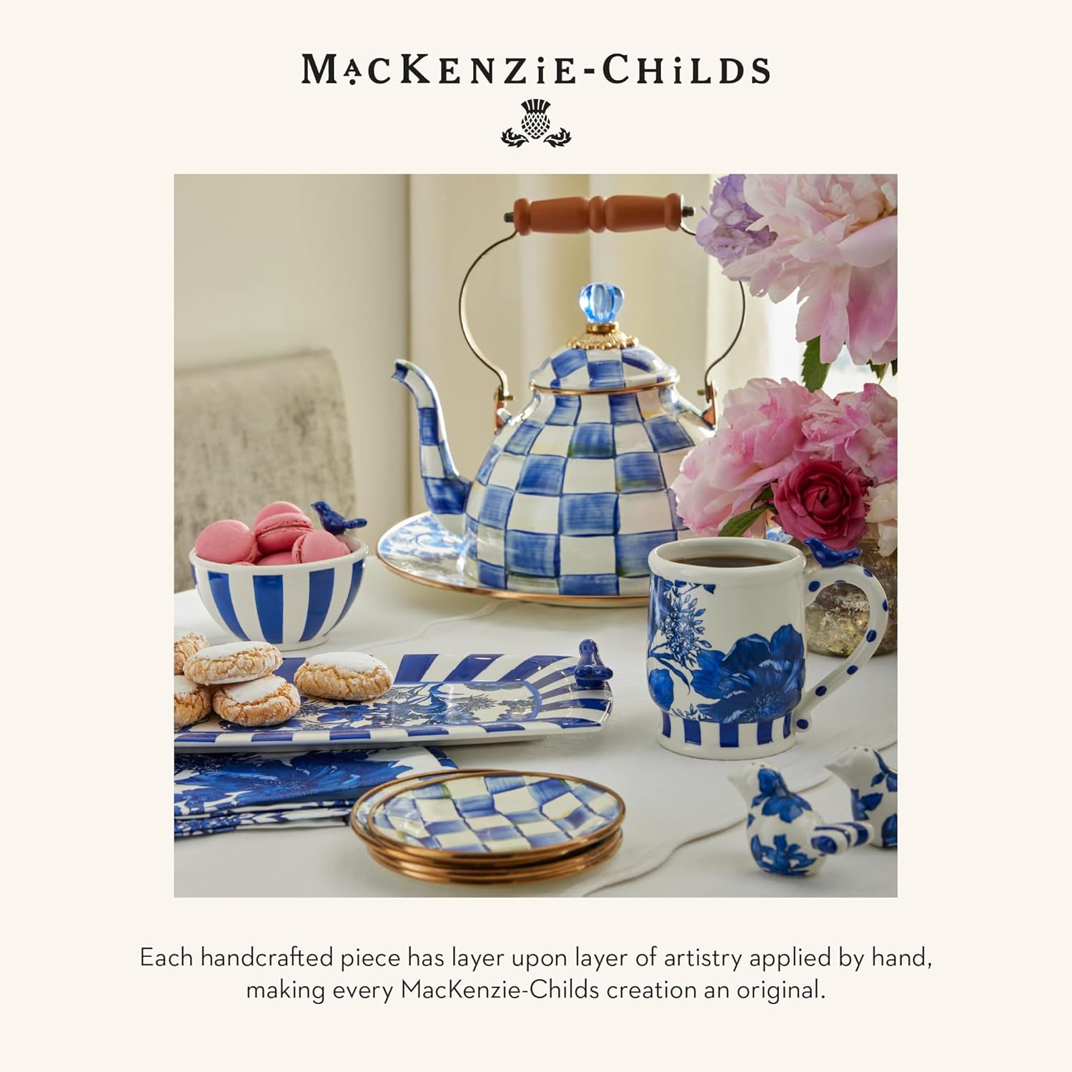 MACKENZIE-CHILDS Tall Enamel Vase Blue-and-White Royal Check