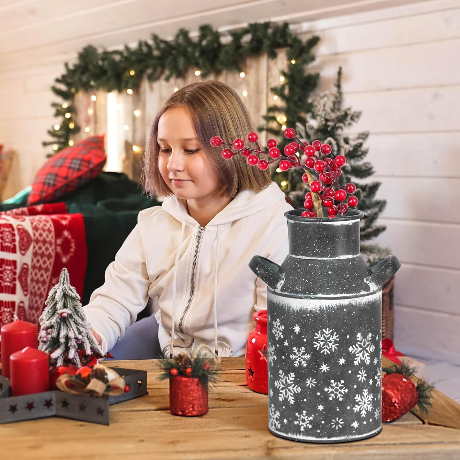 Galvanized Gray Metal Vase with Snowflake Design