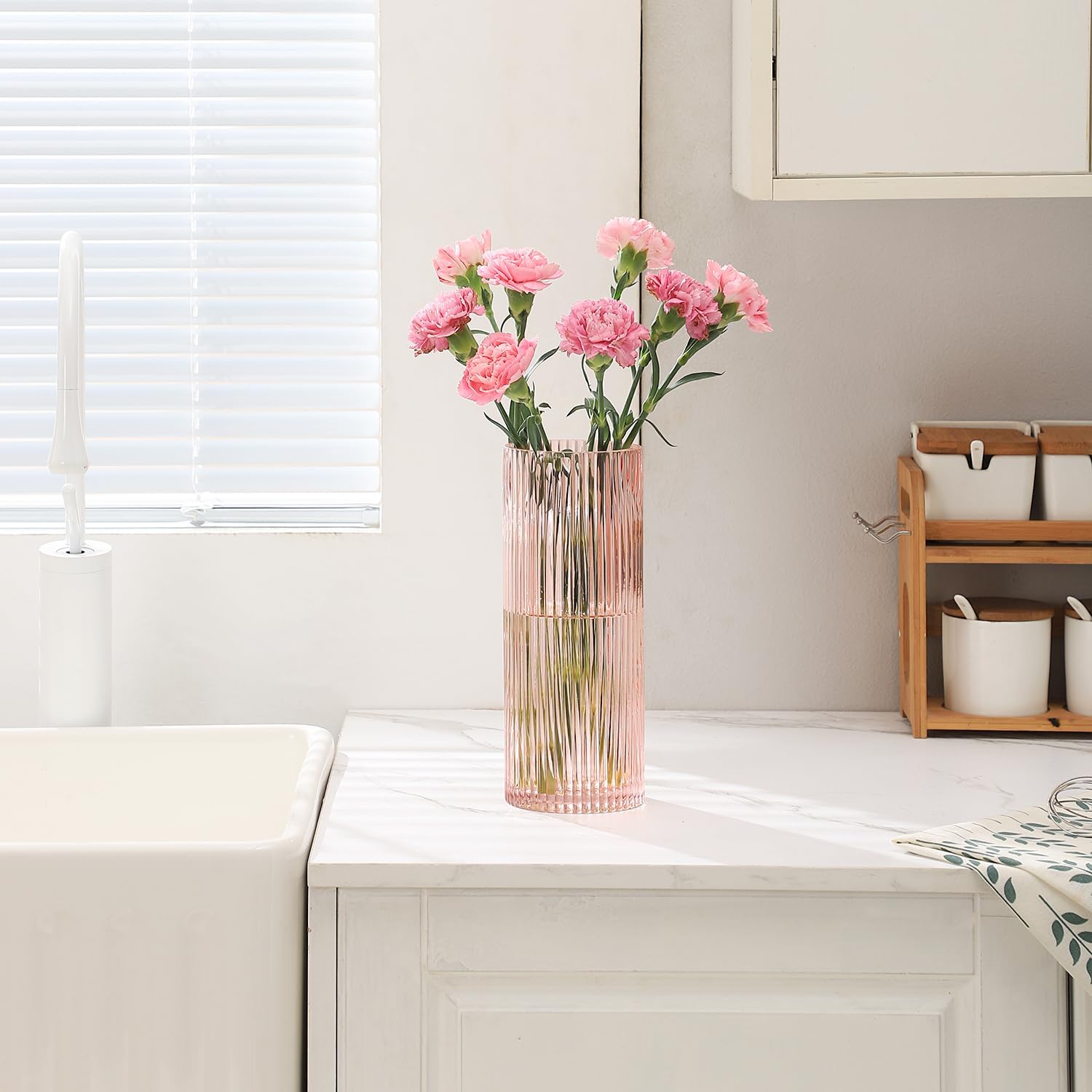 Pink Glass Vase for Flowers Tall Cylinder Vase for Home Decor