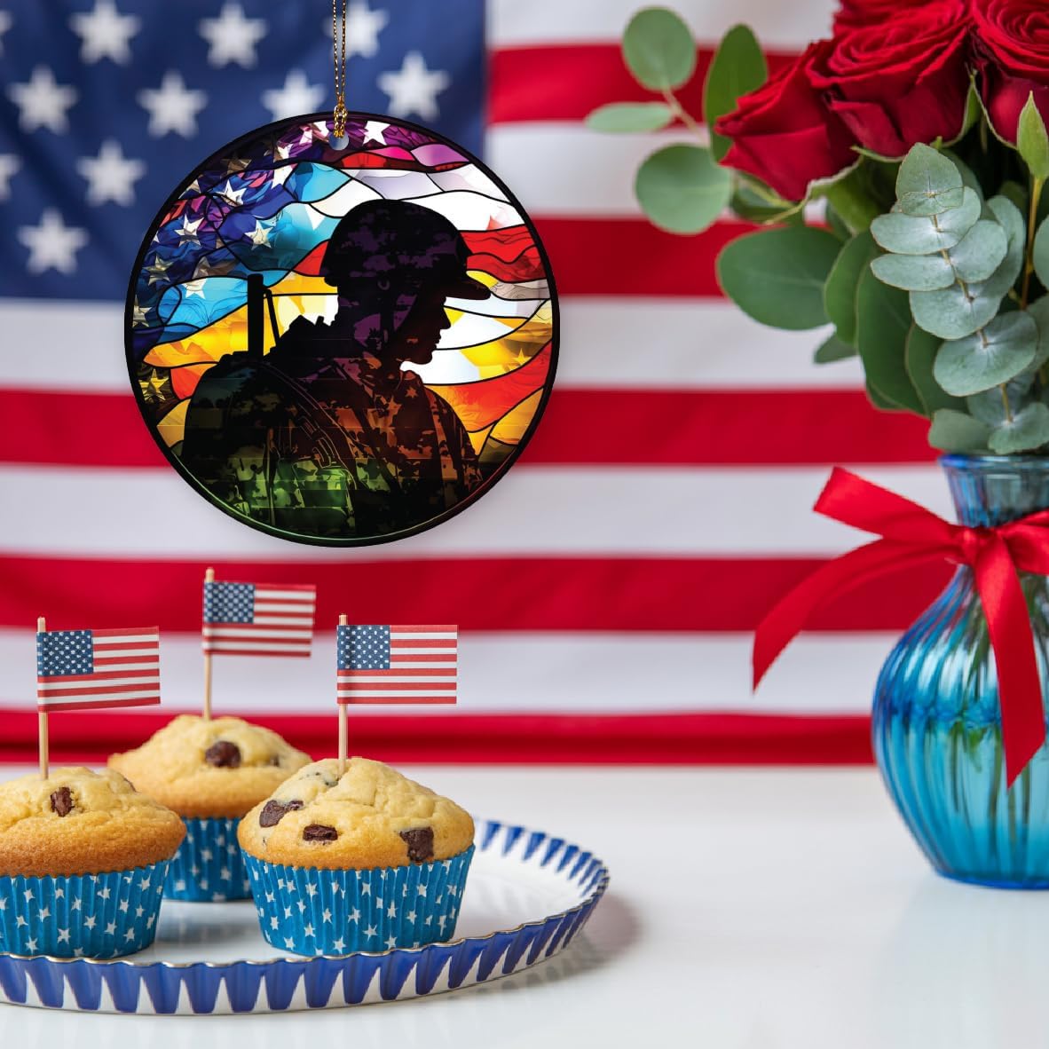 Patriotic Soldier Ornament with American Flag Design