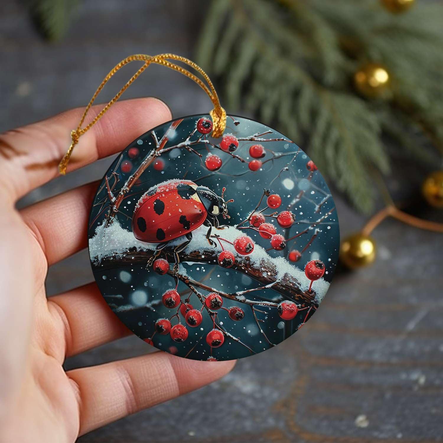 Snowy Berry Ladybug 4PCS Ceramic Christmas Ornament