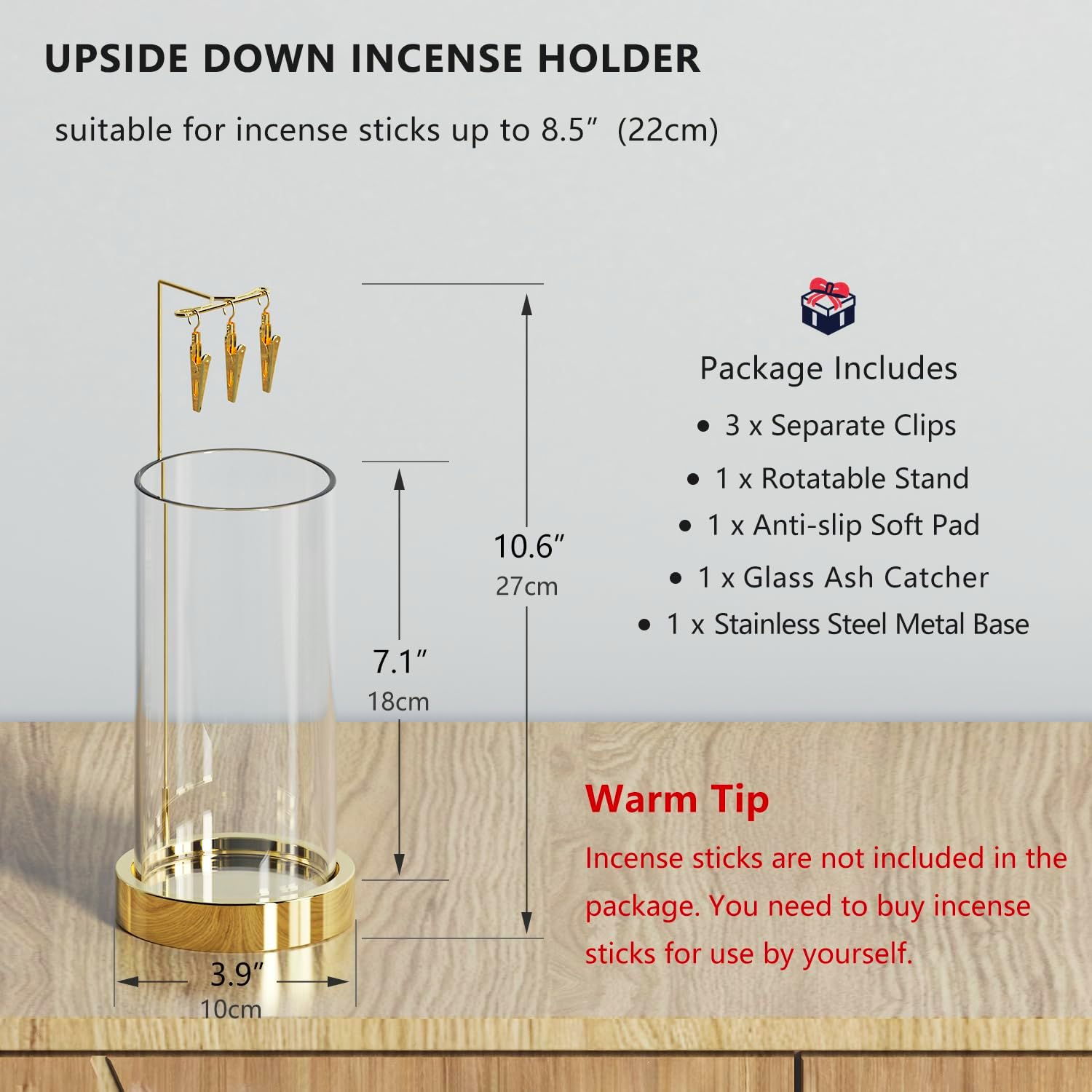 HaisWonsa Incense Holder Ash Catcher - Gold Modern Metal Vertical Burner for Sticks