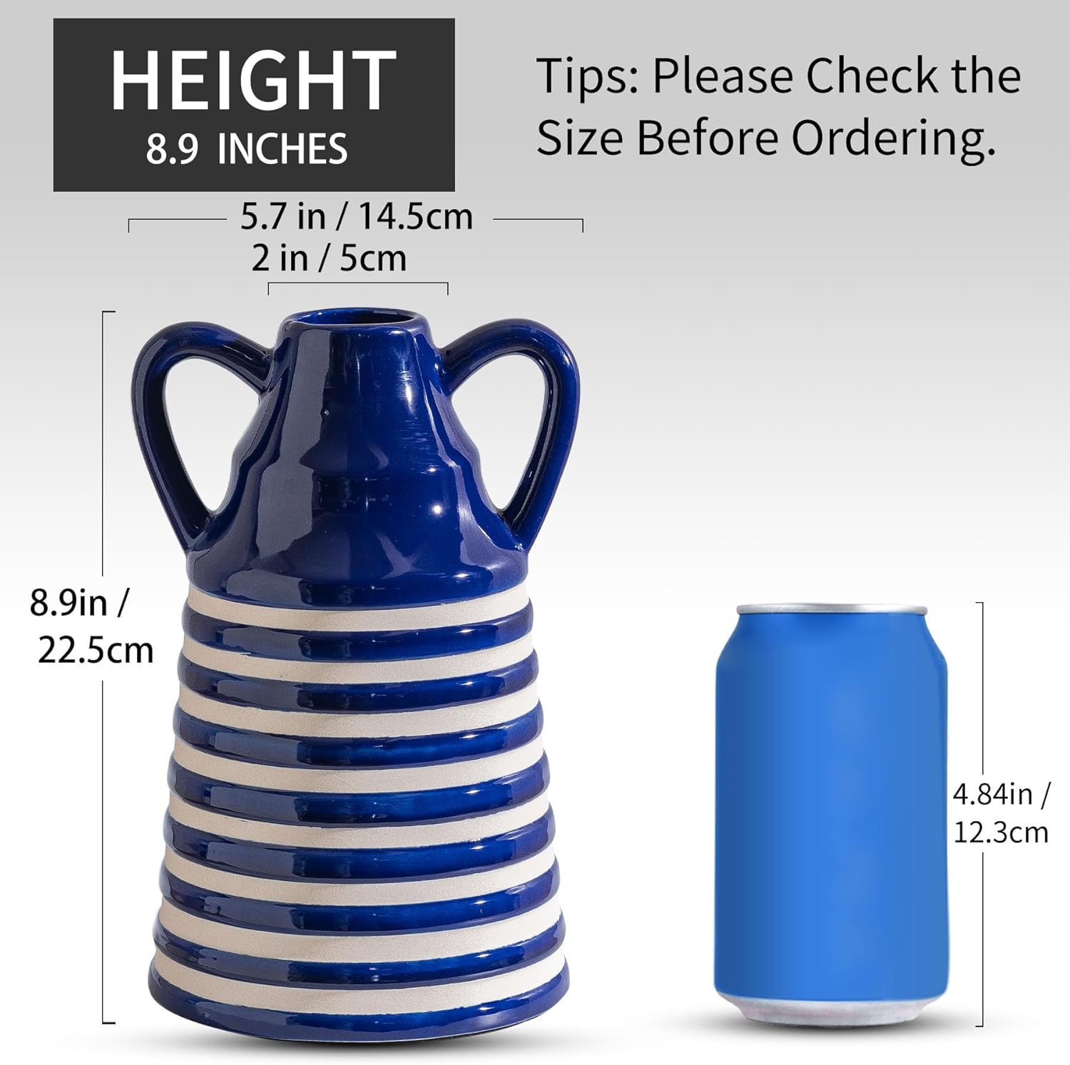 Ceramic Blue and White Striped Vase with Handles