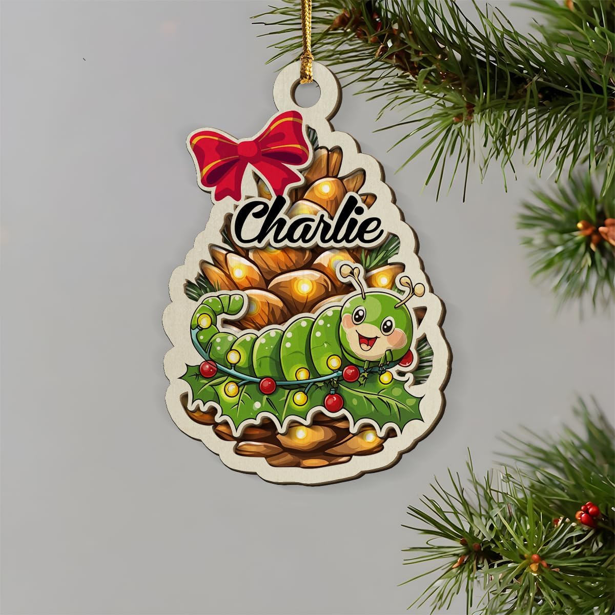 Personalized Fuzzy Caterpillar 2-Layer Wood Christmas Ornament