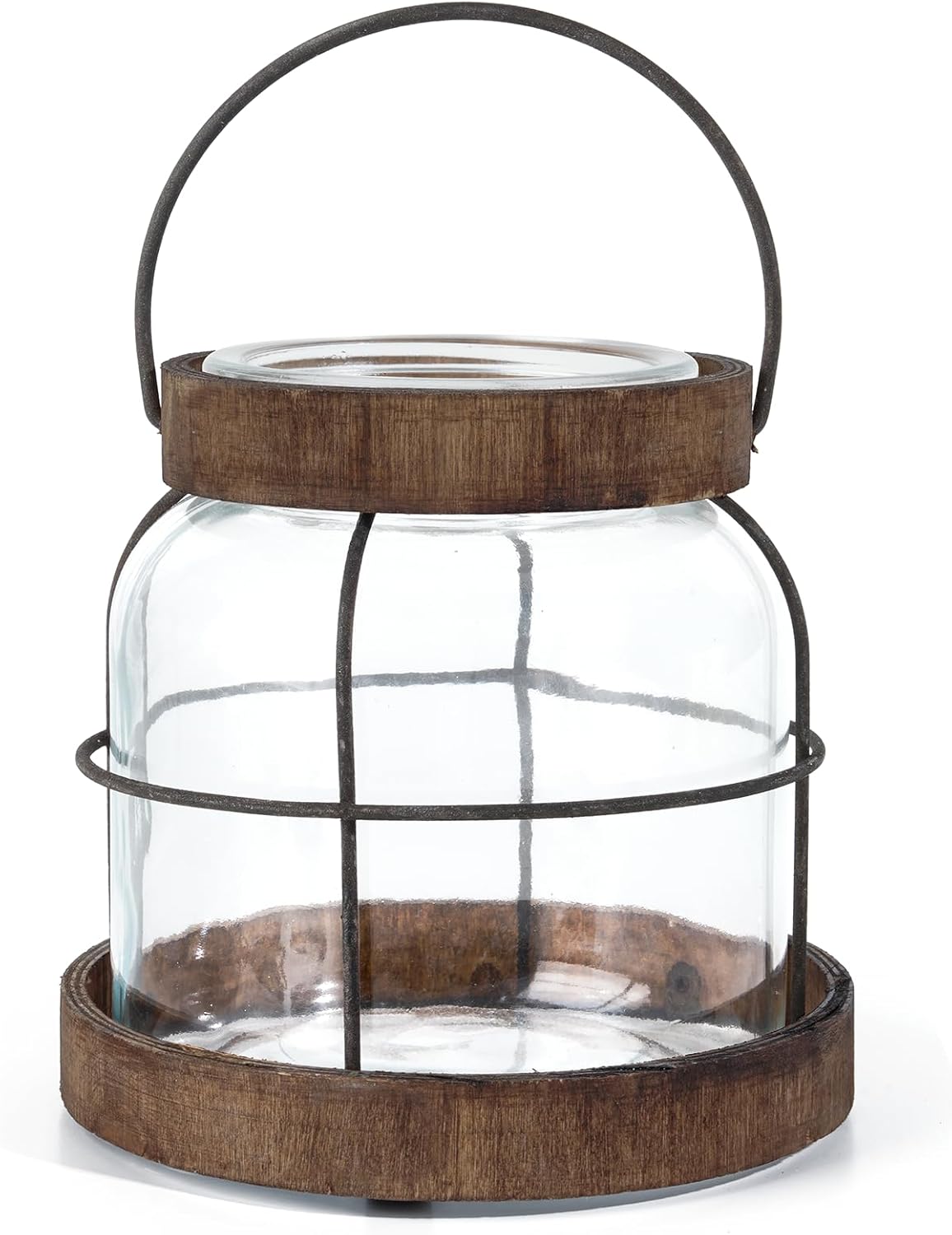 Vintage Glass Vase with Wood Frame and Metal Handle