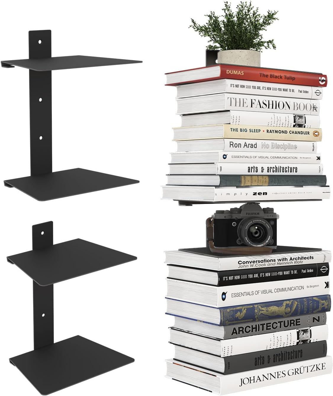 Wawocs Floating Book Shelves 4 Tier 2 Pack Black