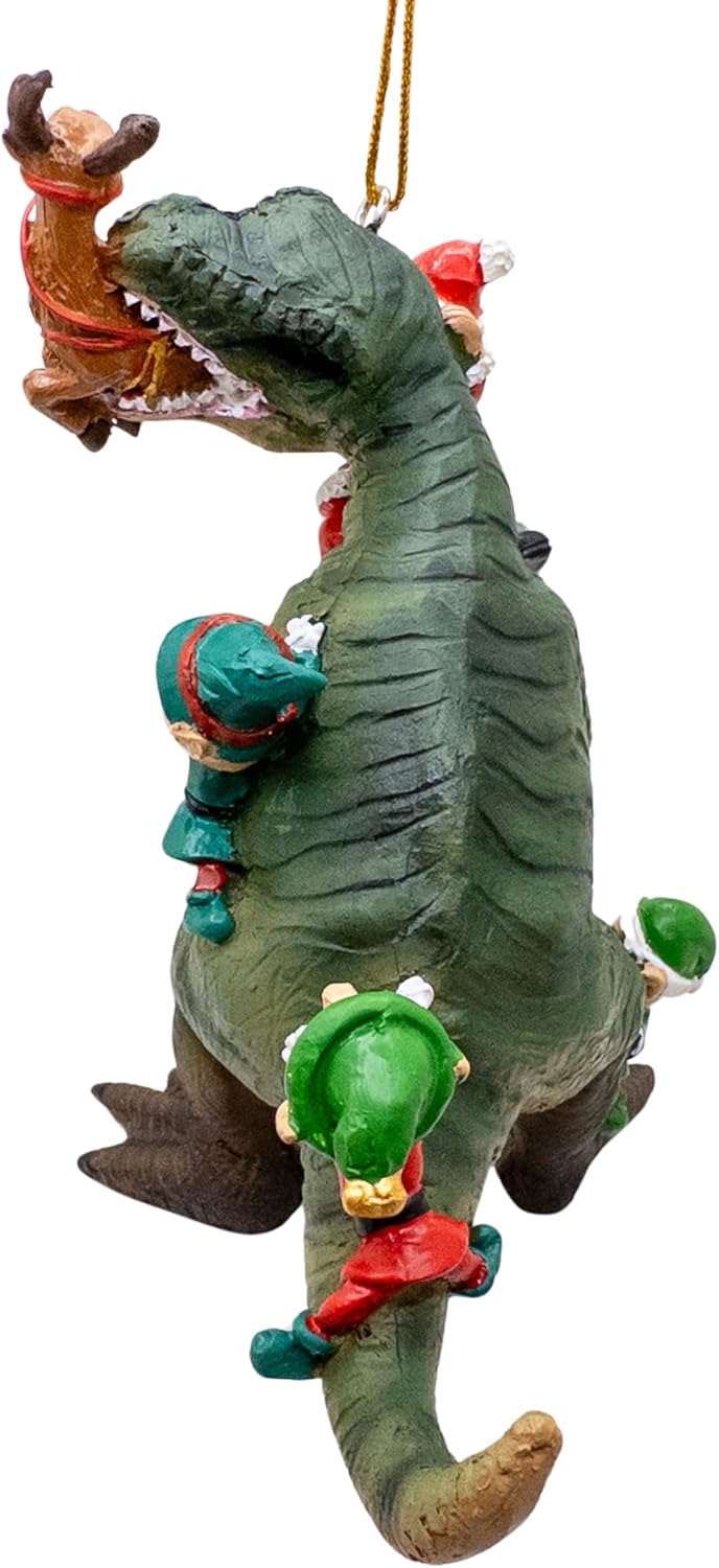 Santa and Elves Saving Reindeer from T-Rex Christmas Tree Ornament