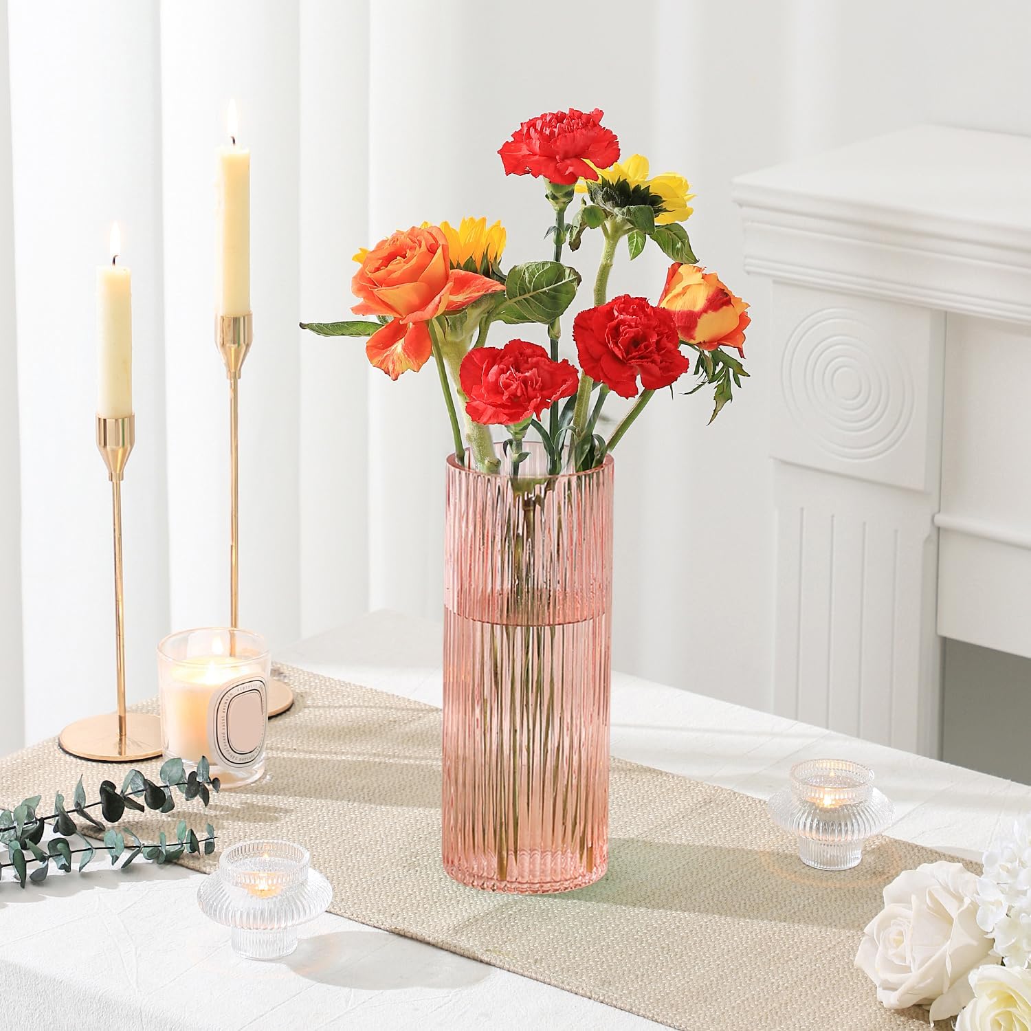 Pink Glass Vase for Flowers Tall Cylinder Vase for Home Decor