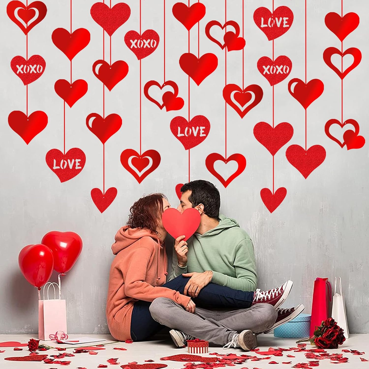 Red Glitter Heart Hanging Decorations 30 Pcs Foil Valentine Set