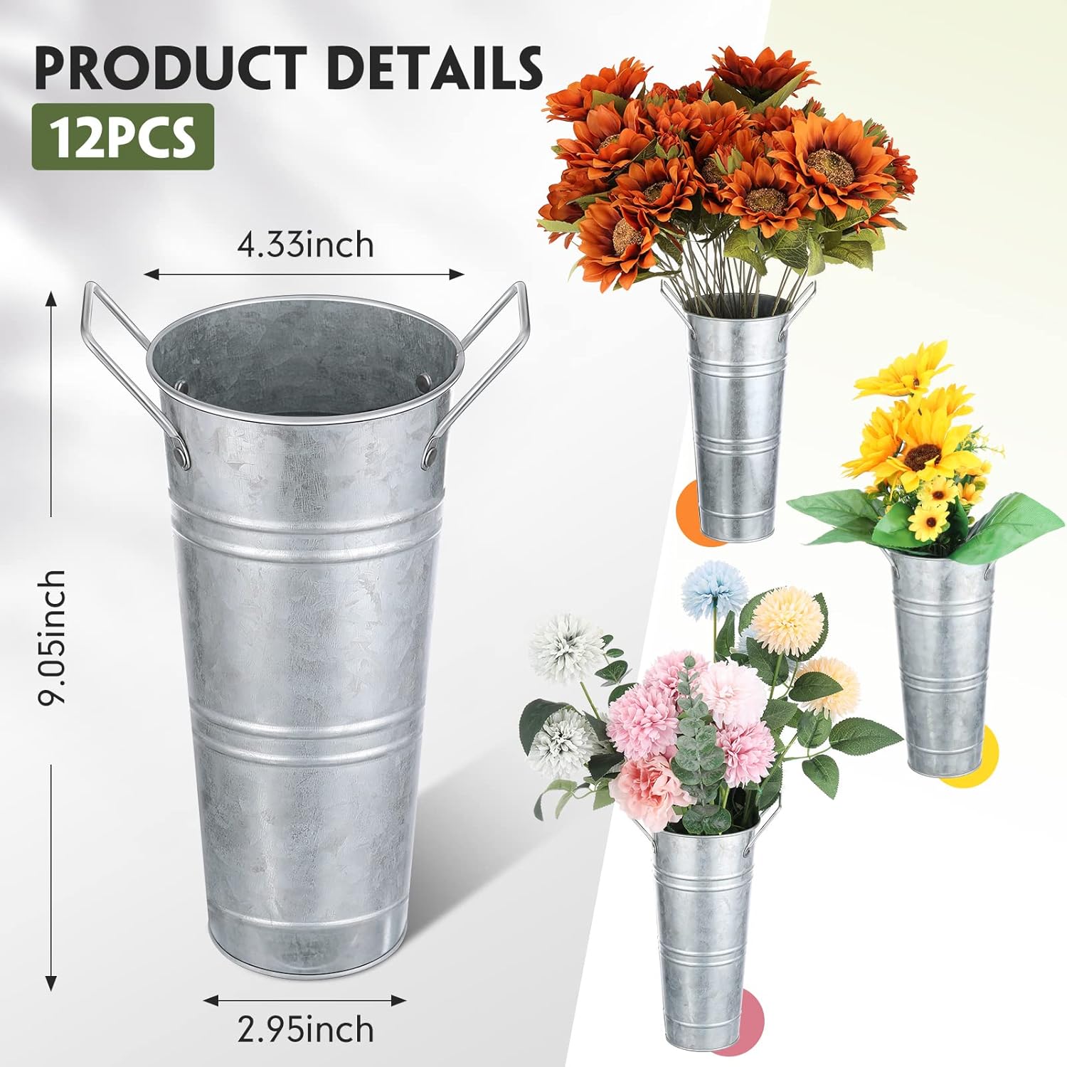 Chumia 12 Pcs Galvanized Flower Bucket Set Matte Silver