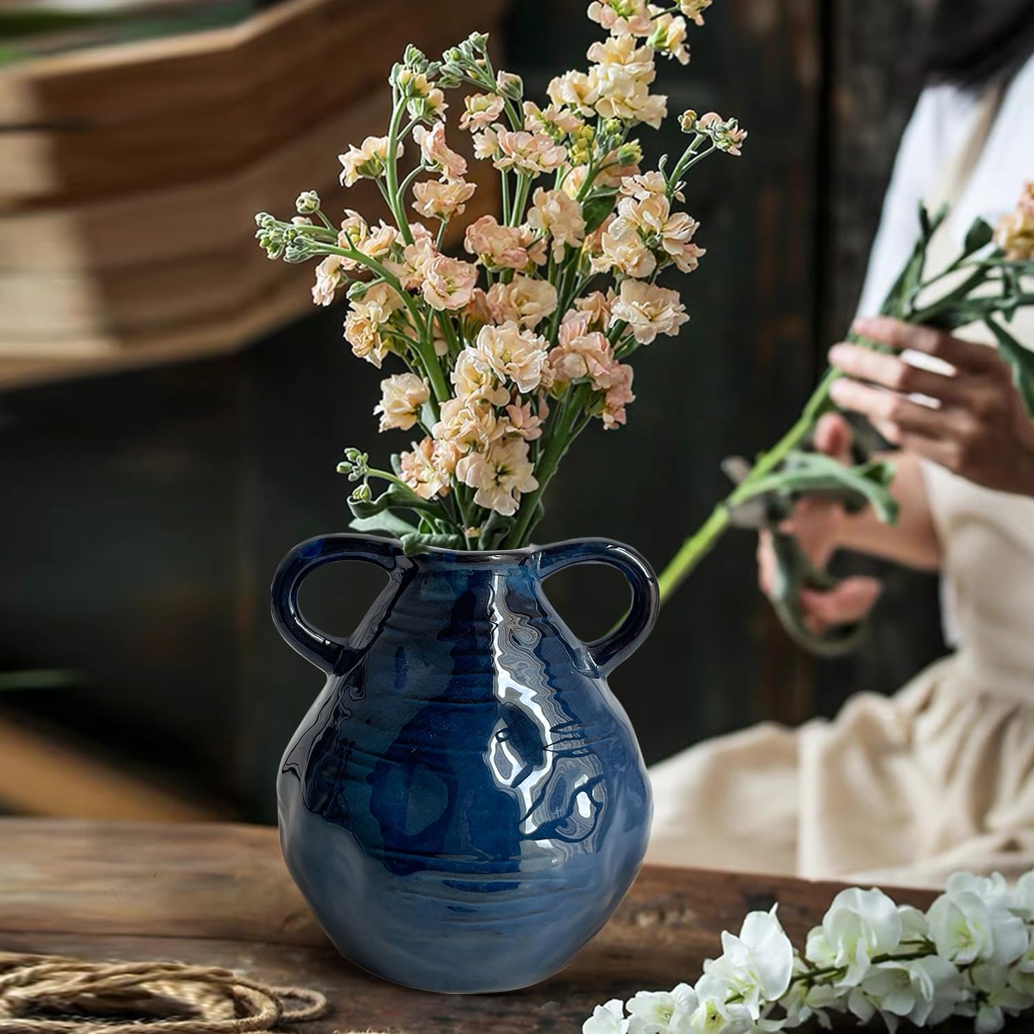 LIFFY Blue Ceramic Vase with Double Handle