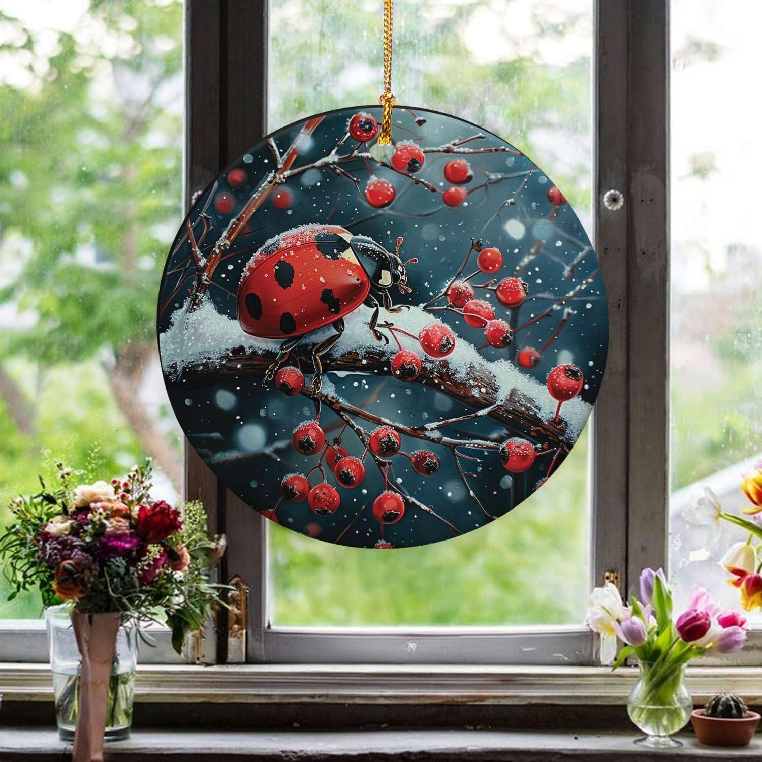 Snowy Berry Ladybug 4PCS Ceramic Christmas Ornament