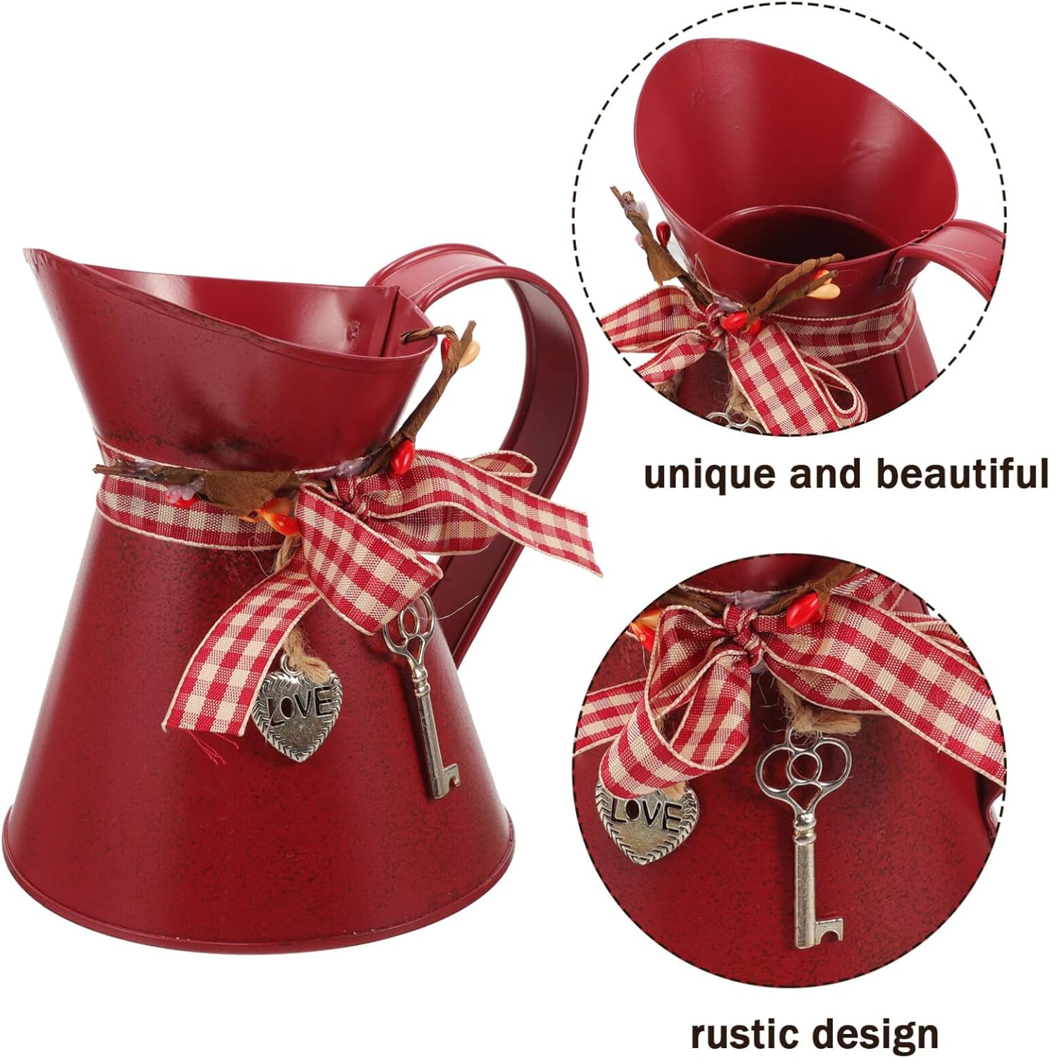 Uonlytech Vintage Dark Red Galvanized Metal Pitcher Holder Vase