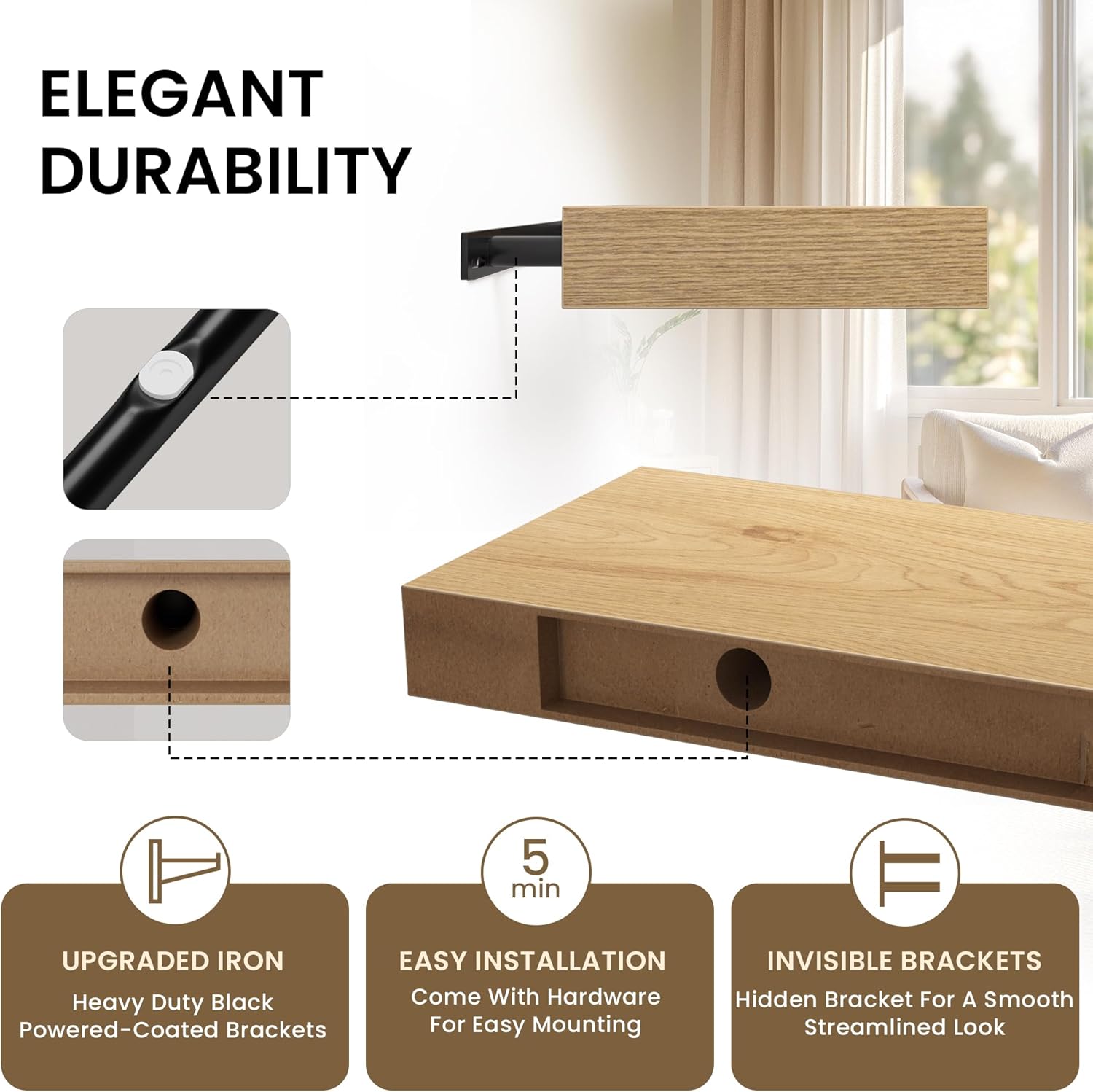 Square Floating Shelves for Wall Set of 4 Oak