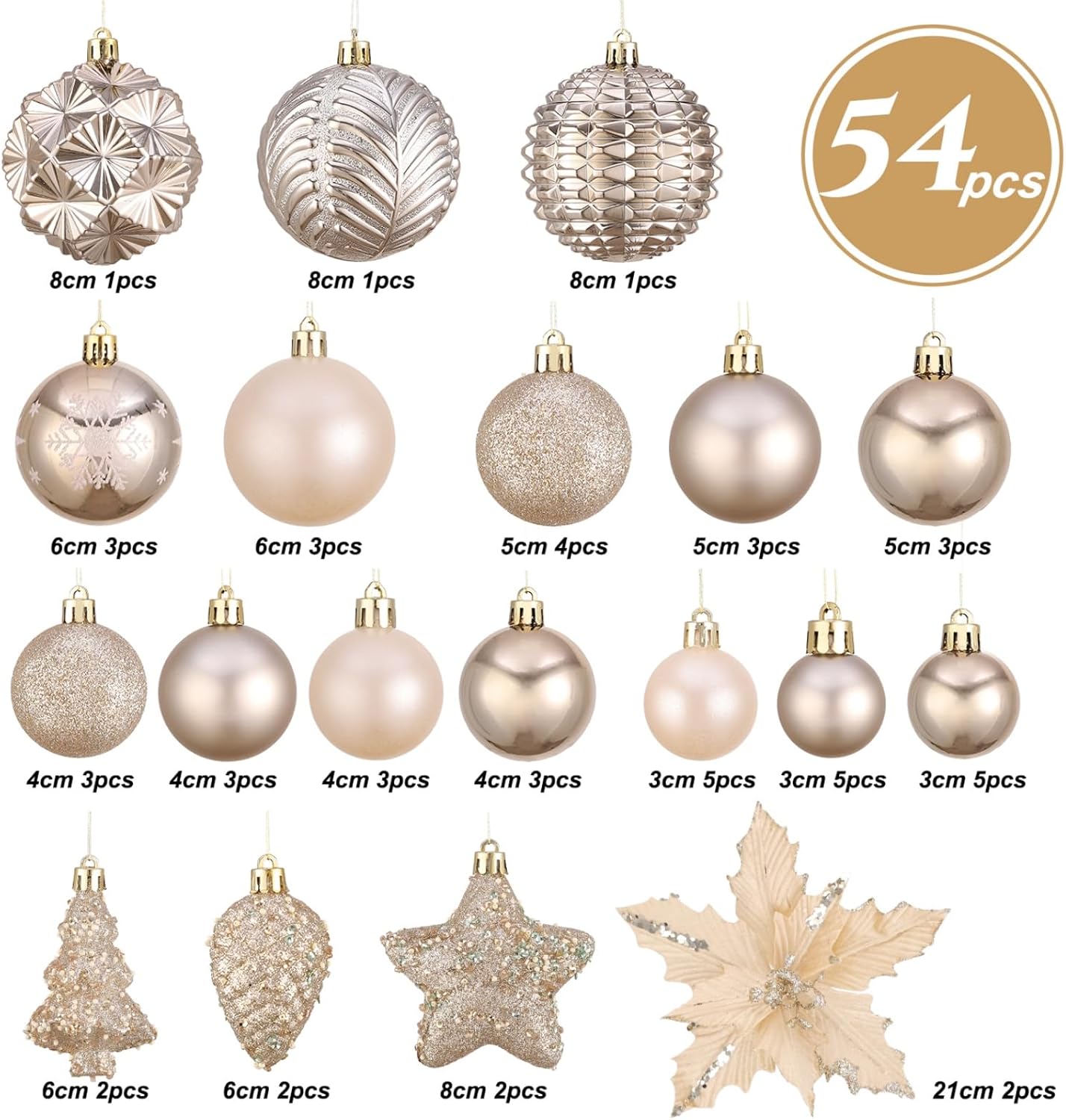 54Pcs Assorted Champagne Gold Xmas Tree Balls Ornaments Set