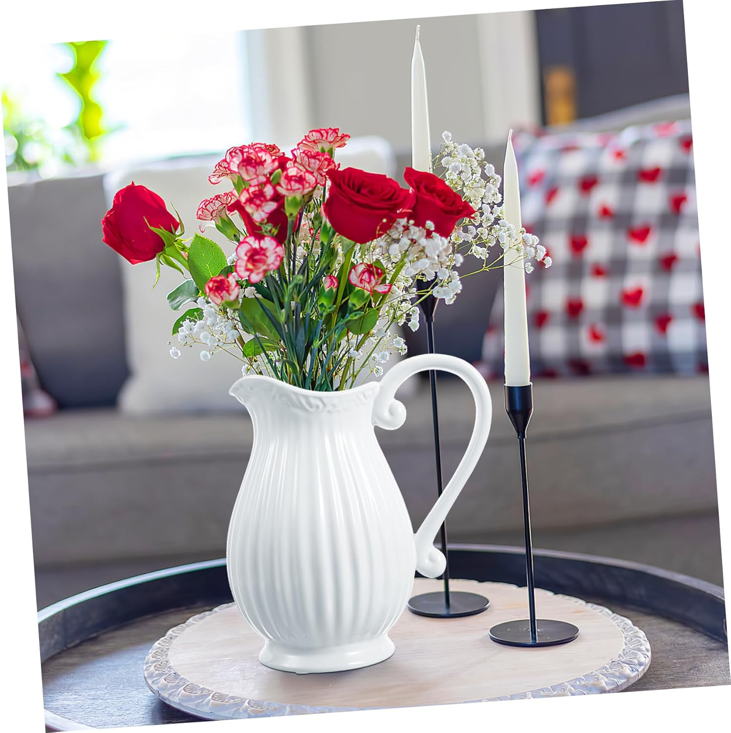 GANAZONO Simple White Striped Ceramic Flower Vase for Balconies