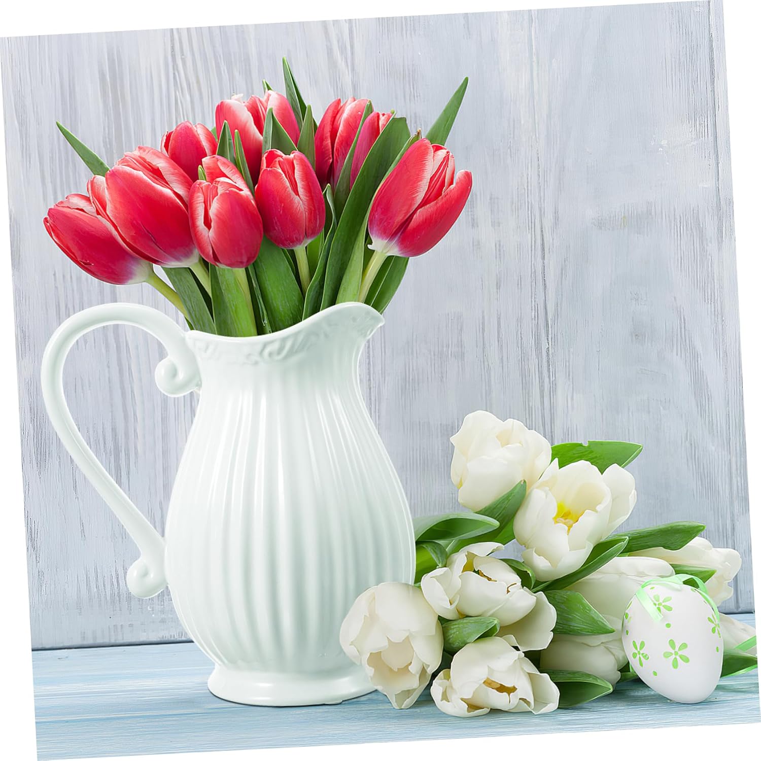 Angoily White Striped Ceramic Pitcher Vase with Handle