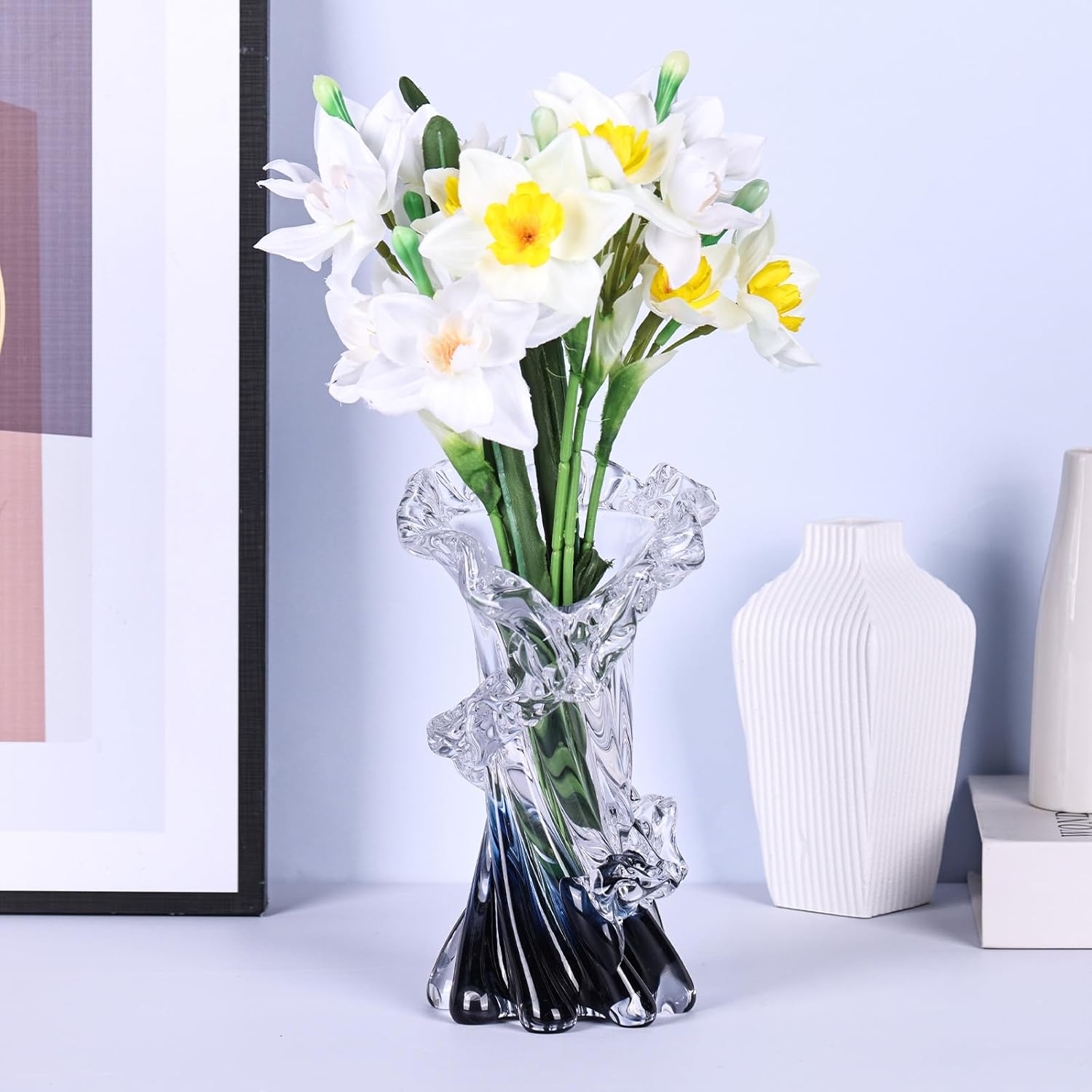 Hand Blown Blue Glass Vase for Home Decor