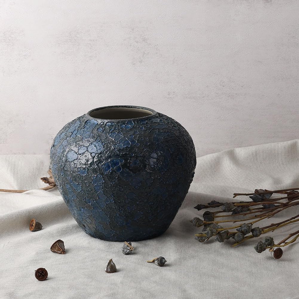 Rustic Large Blue Ceramic Vase for Home Decor