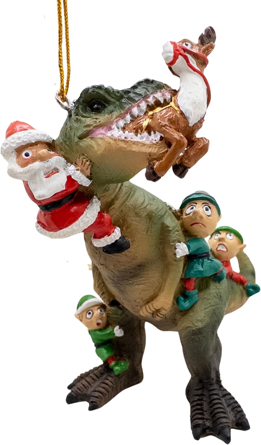 Santa and Elves Saving Reindeer from T-Rex Christmas Tree Ornament