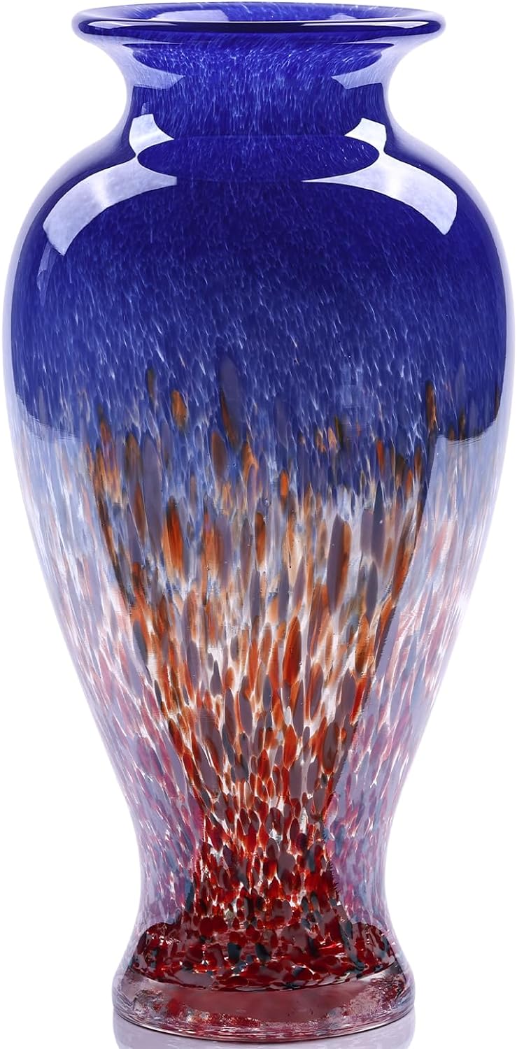 118 Tall Blown Blue Glass Vase with Red Base