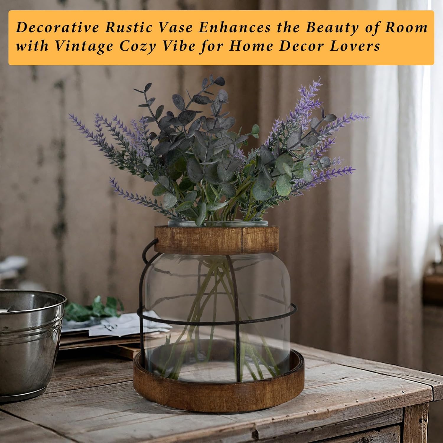 Vintage Glass Vase with Wood Frame and Metal Handle