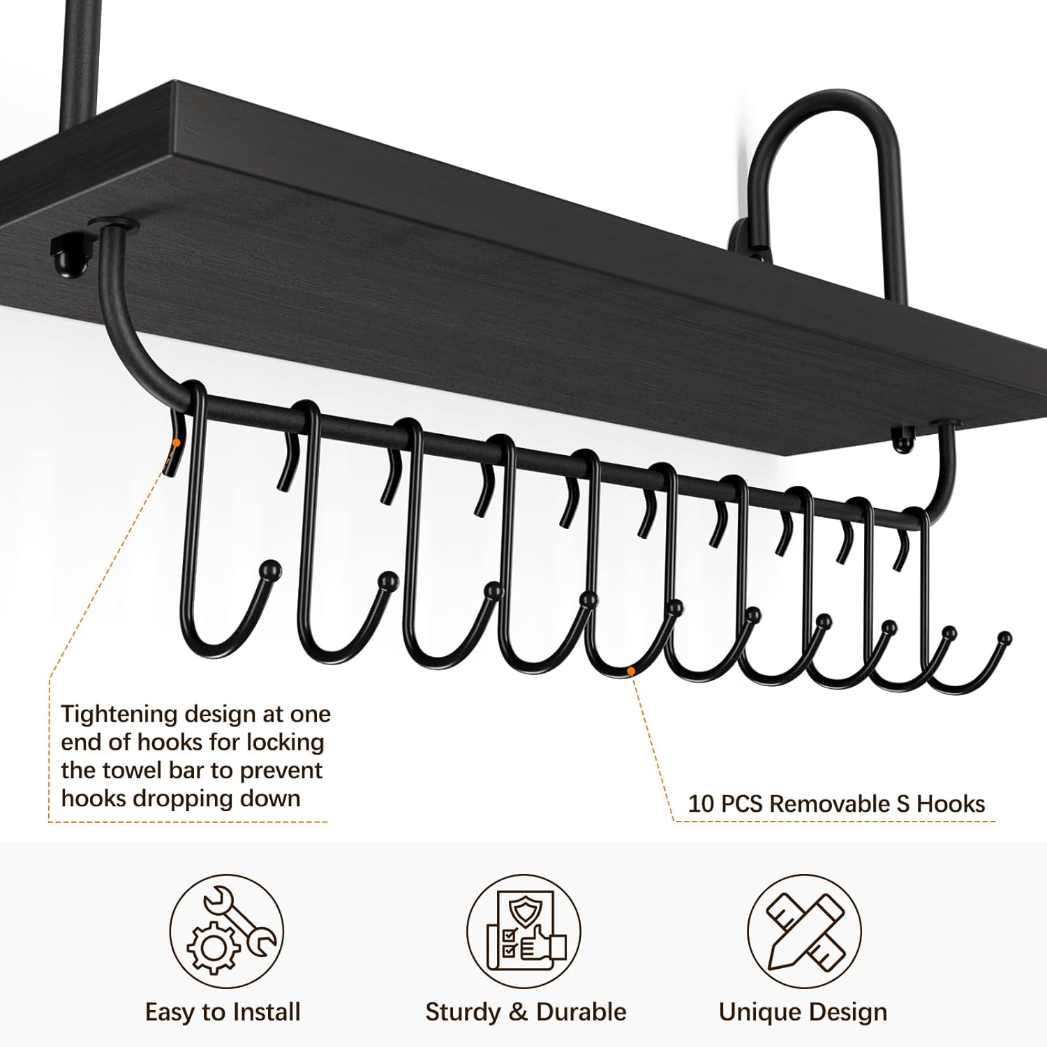 Olakee Floating Wall Shelves Set of 2 with 10 Adjustable Hooks Black
