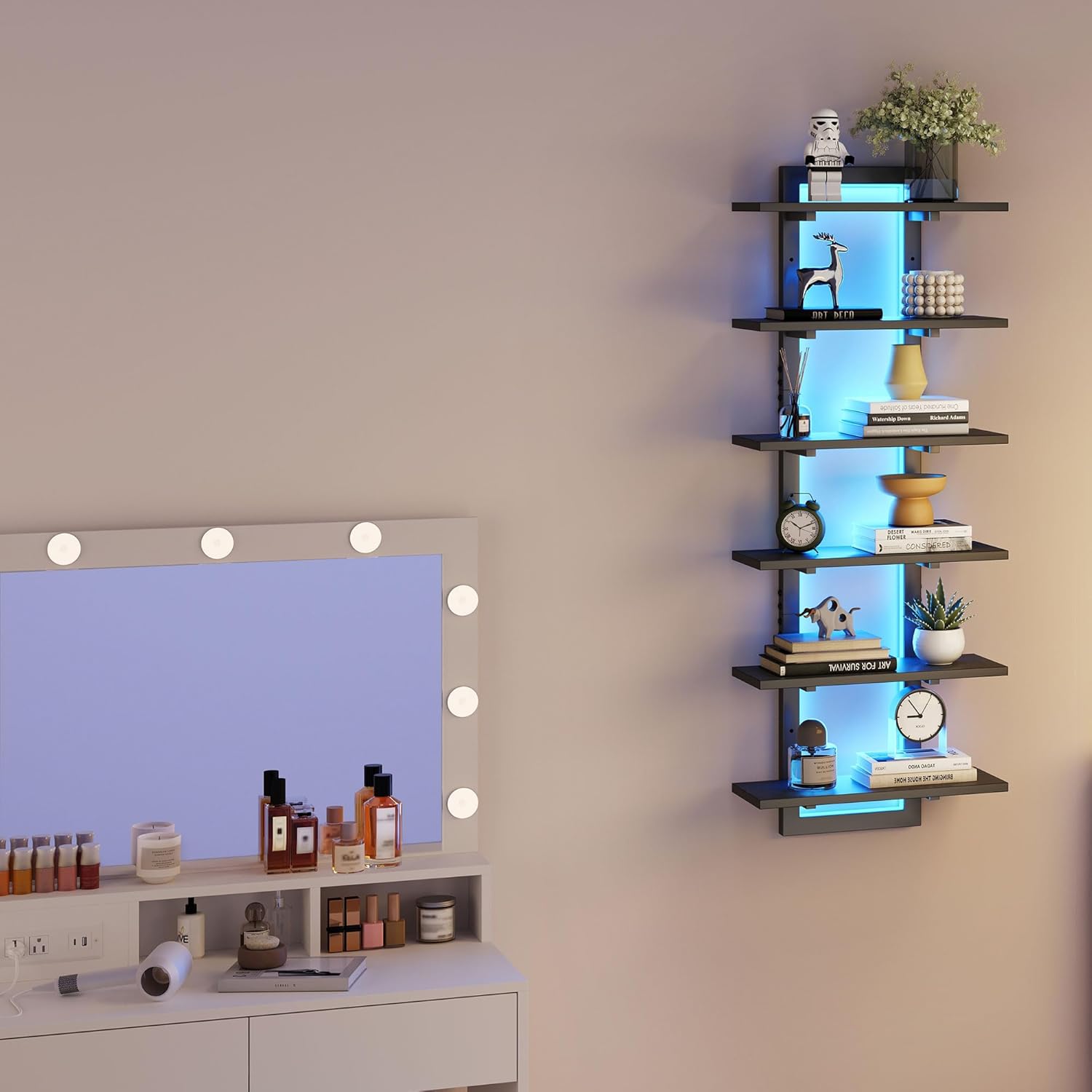 6 Tier Wall Shelf with LED Light Black Floating Shelf Unit for Home Decor and Storage