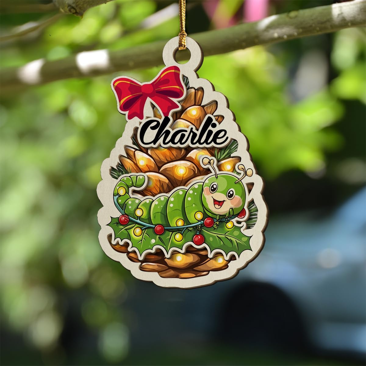 Personalized Fuzzy Caterpillar 2-Layer Wood Christmas Ornament